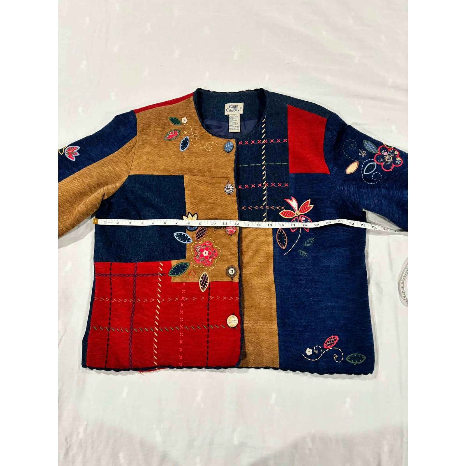 Koret City Blues Vintage Patchwork Embroidered Jacket Blue Red Tan Large