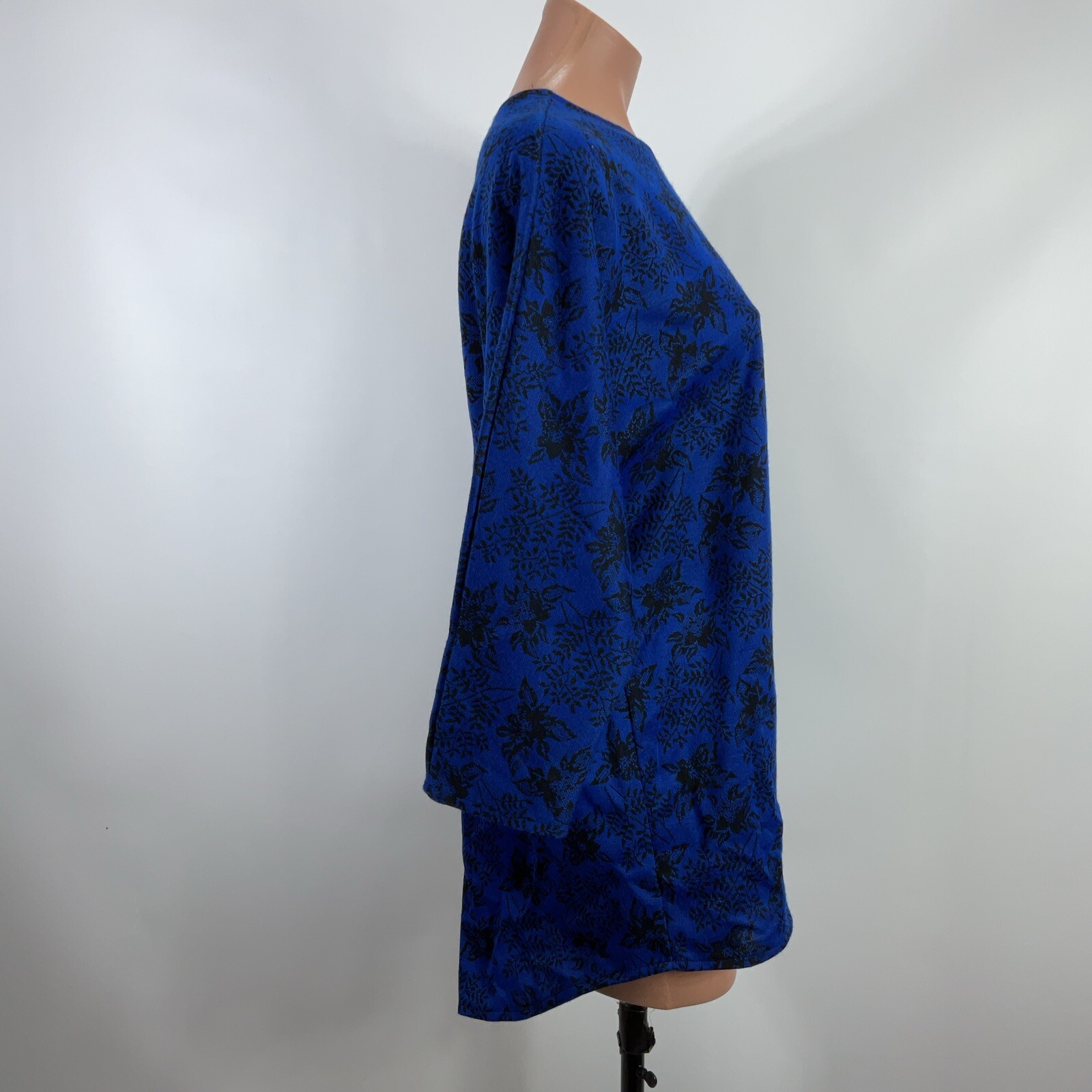 Vintage 80s C. E. Stanton Career Blue Floral Boat Neck Tunic Blouse Top sz M