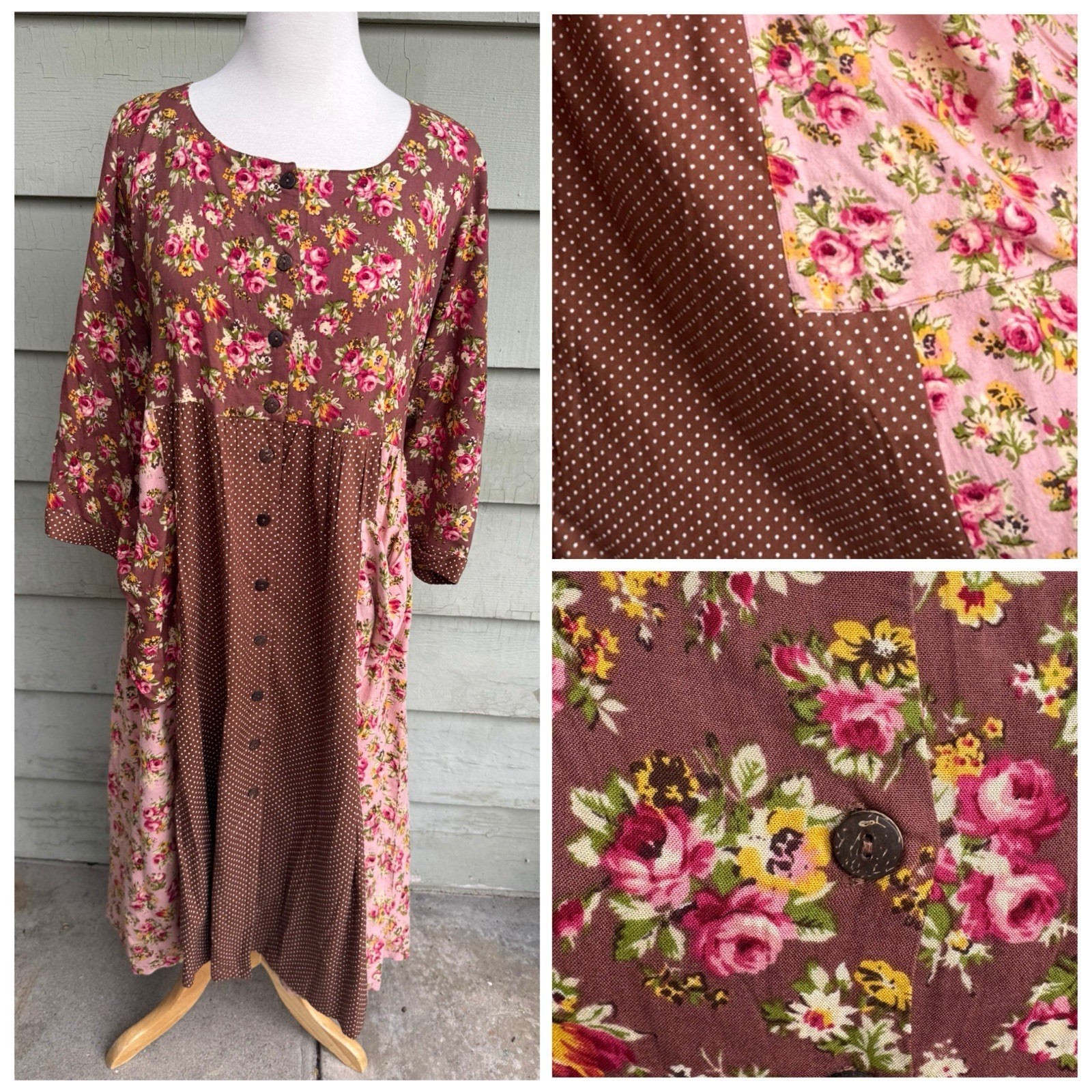 Vtg 90’s April Cornell Patchwork Cottagecore Grunge Dress Pink Brown Floral XXL