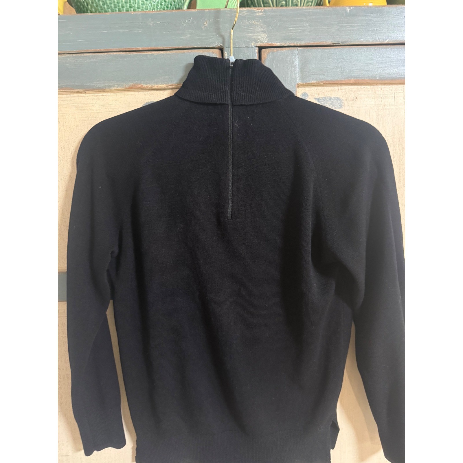 Jayne Taylor Vtg Black Turtleneck Sweater Back Zip Acrylic Hong Kong MOD Goth