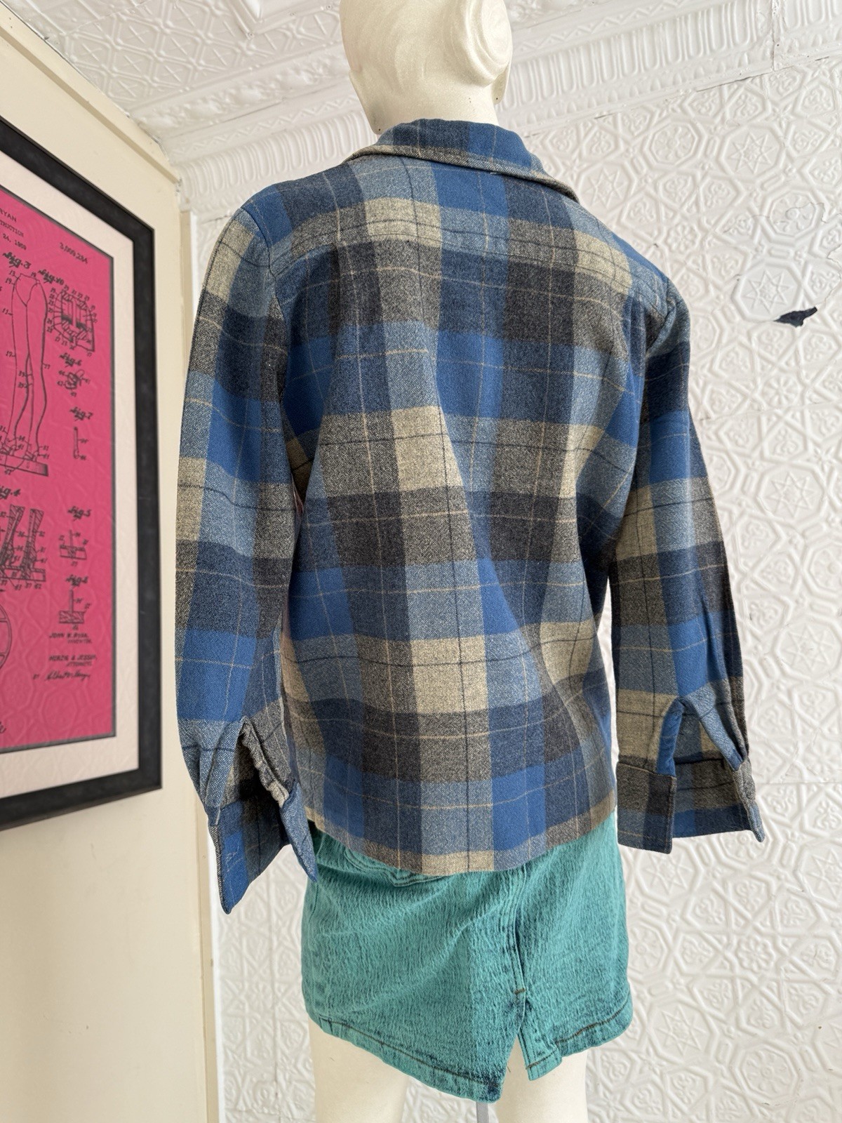 True Vintage 1950s/1940s era pendleton style 49er jacket blue grey plaid S/M