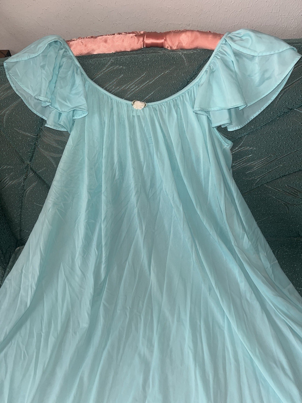 Vtg Miss Elaine Aqua Blue Nightgown Small Flutter Sleeve Babydoll White Lace