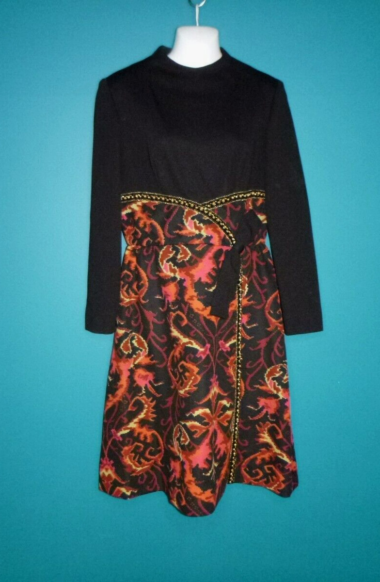 Vtg 70s Alvins Cocktail Dress Poly Blend Black Bodice Floral Skirt Gold Tr Sz M