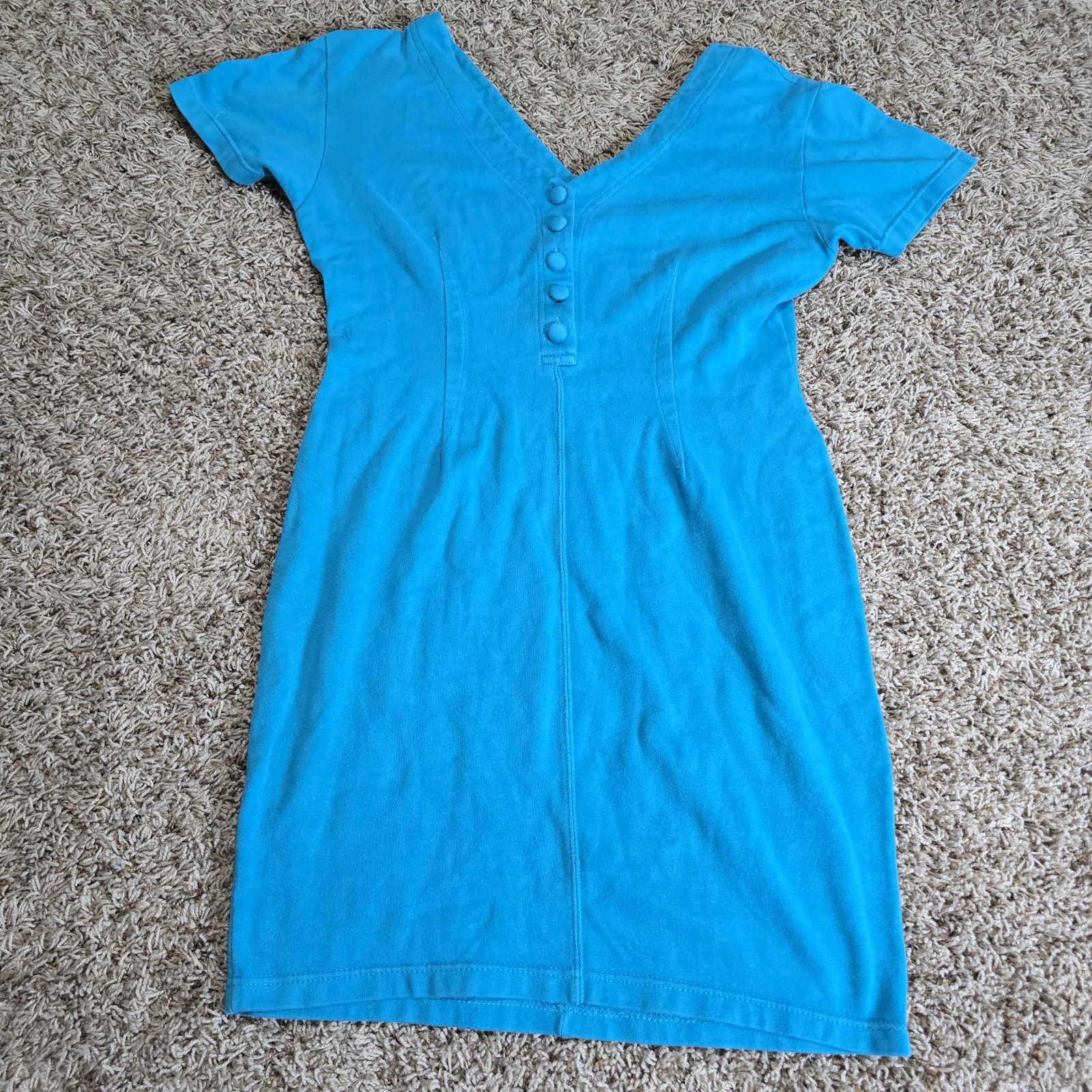 Vintage Sample Dress Blue Cotton Short Sleeve V-Neck Size M Made in Hong Kong