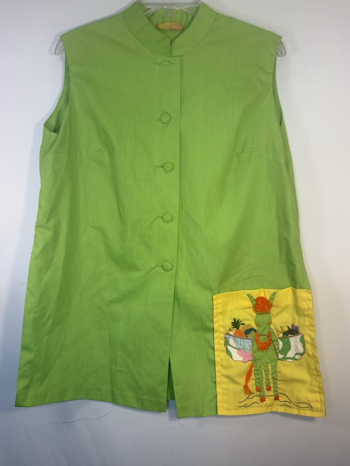 Vintage Smock Top Jamaica Bright Green Embroidered Donkey Buttons Jamaica Large