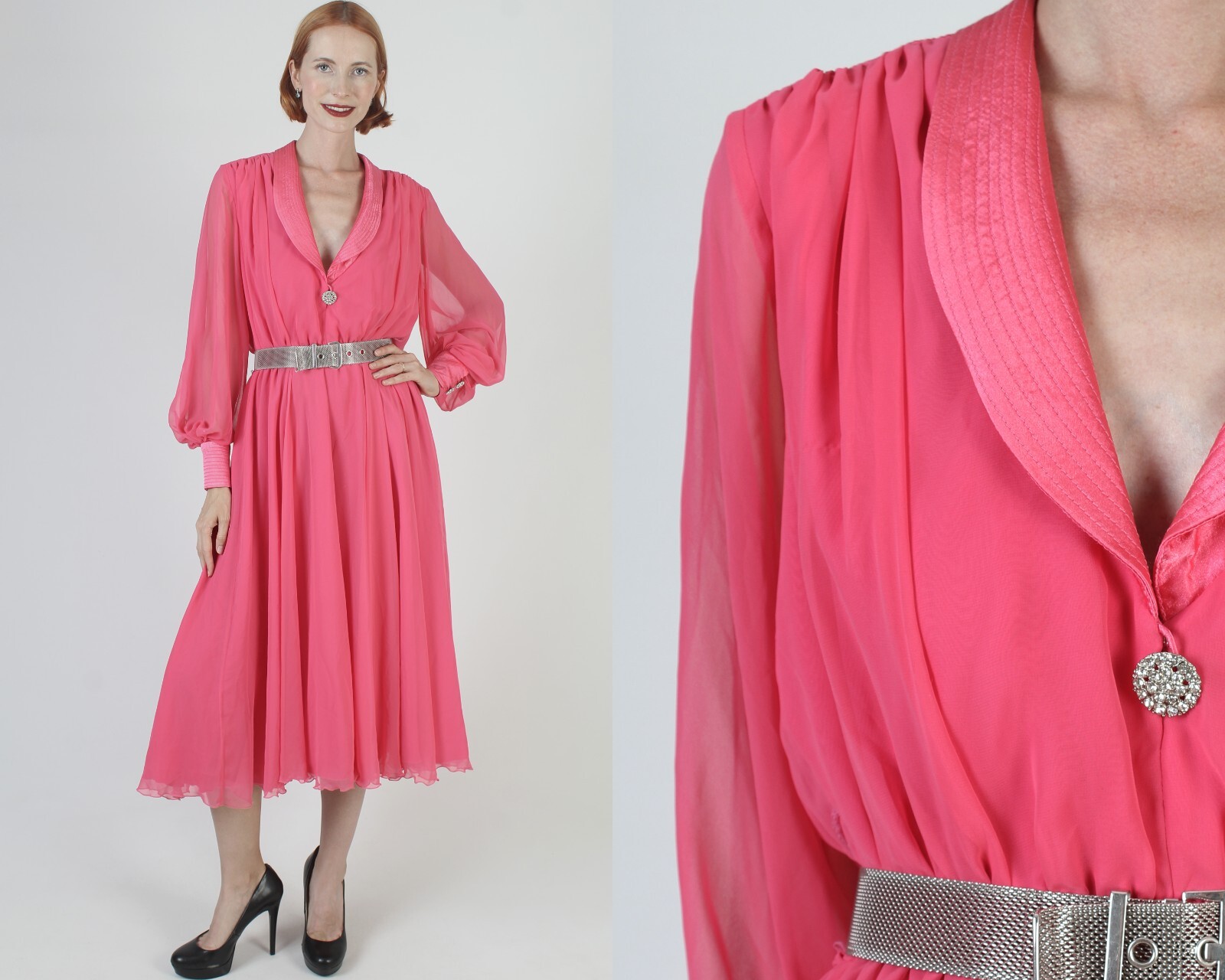 Vtg Hot Pink Chiffon Party Dress Oversized Sheer Sleeve Cocktail Dancing Midi