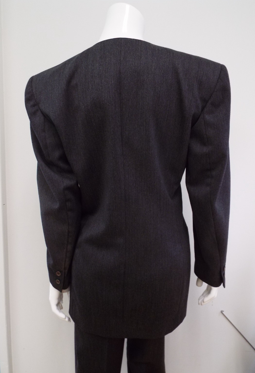 Vintage 1980s Claude Montana Gray Wool Pant Suit Jacket Blazer Shoulder Pads SM