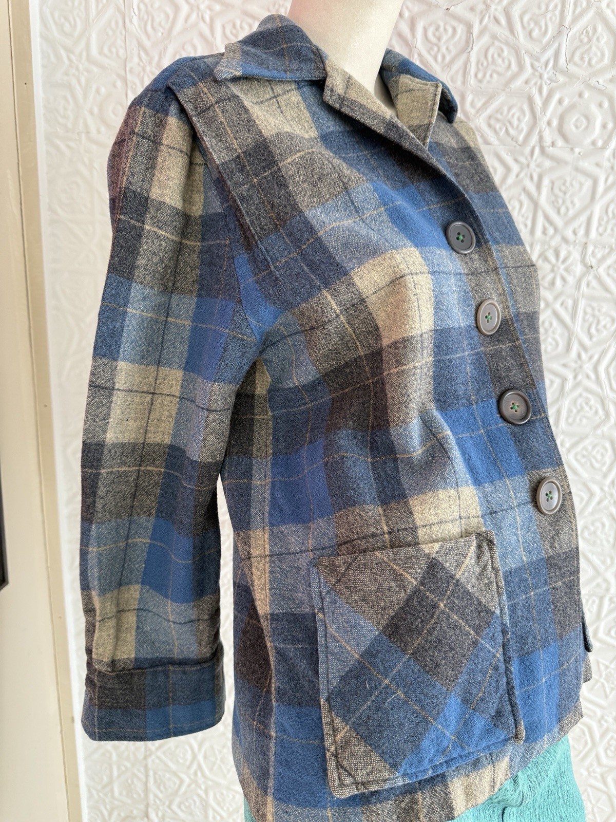 True Vintage 1950s/1940s era pendleton style 49er jacket blue grey plaid S/M