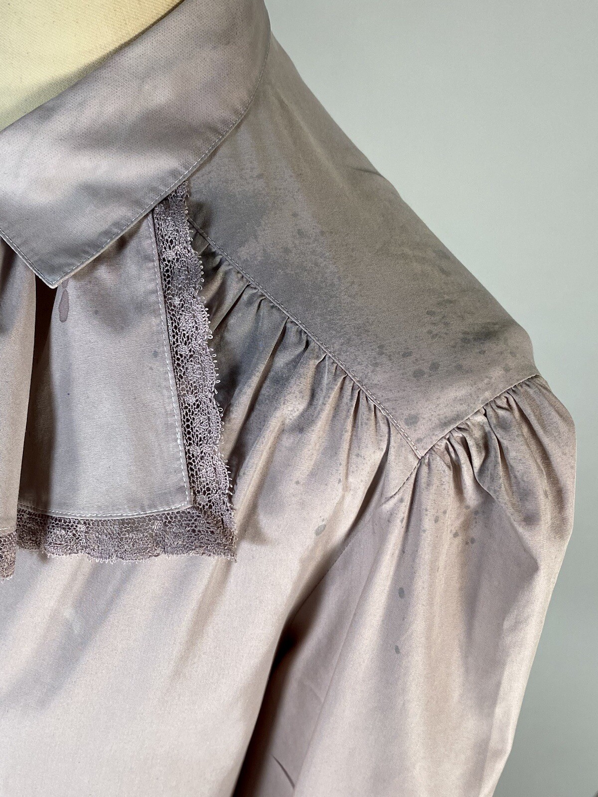 Vintage 1980&rsquo;s REGENCY style distressed over-dyed Lilac purple ruffle blouse Med
