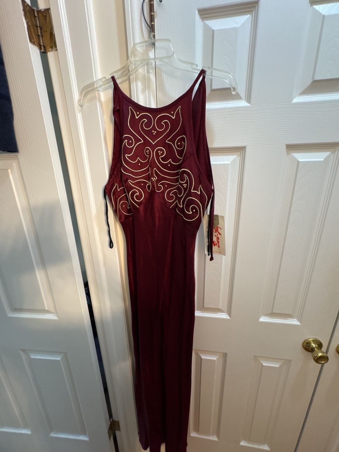 Vintage Bari-Jay Burgundy Formal Maxi Dress with Gold Embroidery