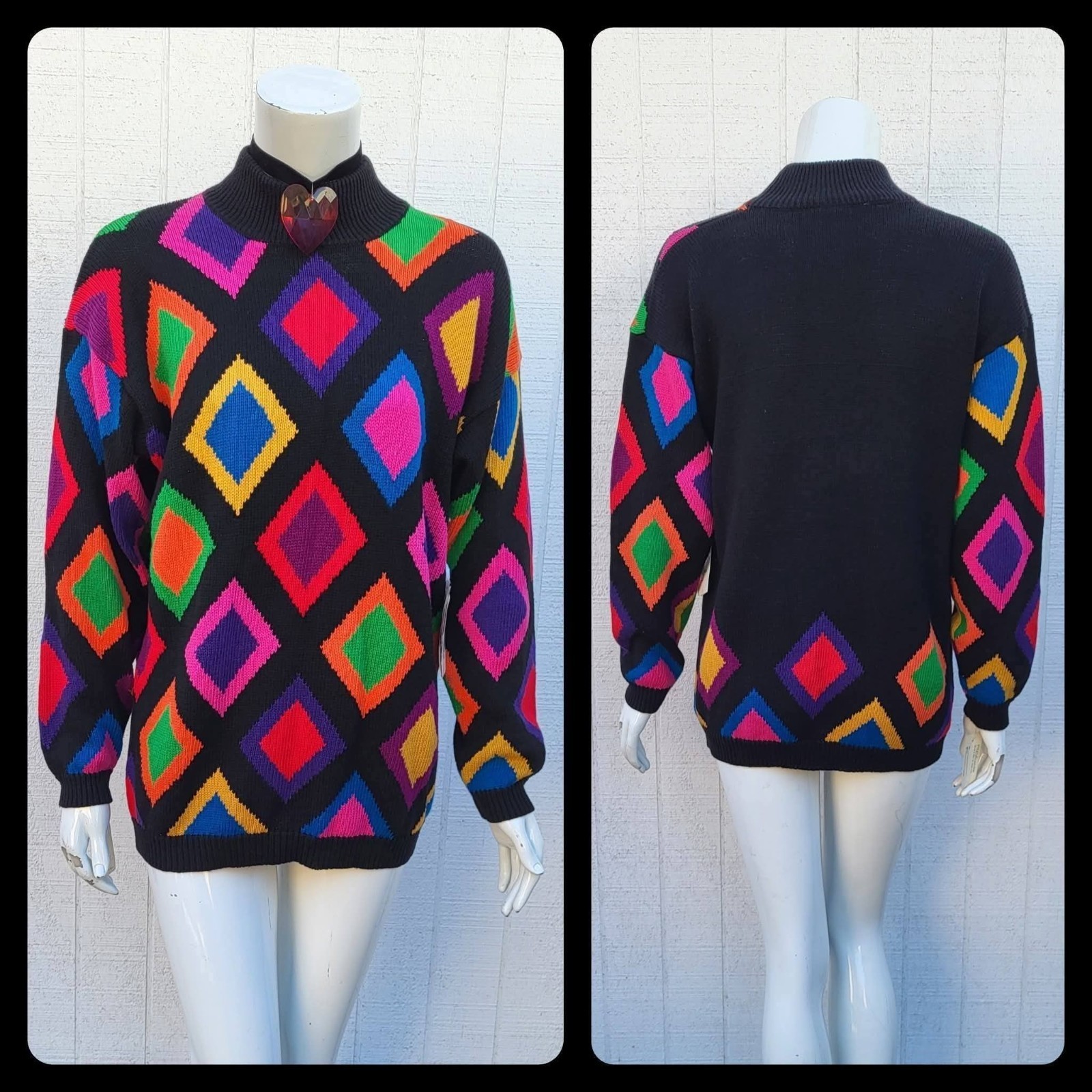 1980s Deadstock Rafaella Argyle Harlequin Style Knit Pullover Sweater