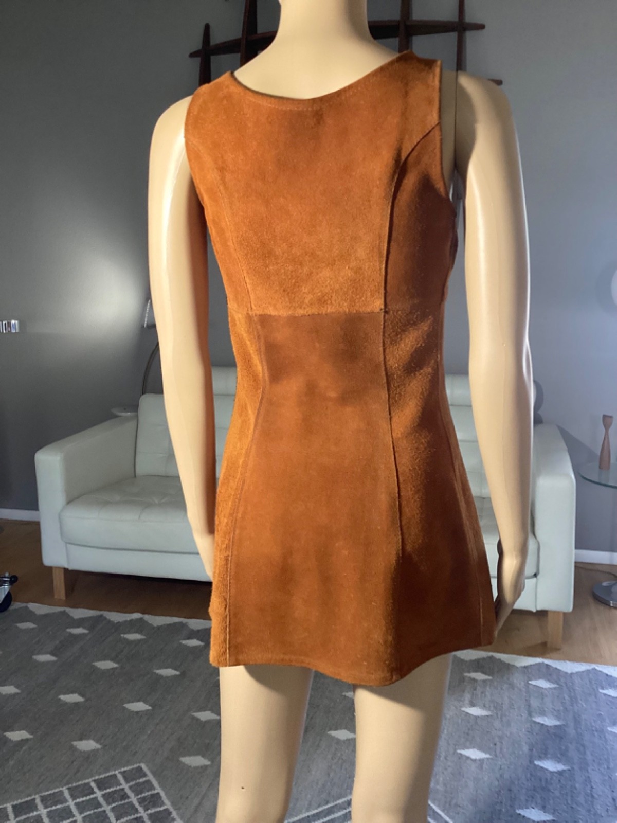 Vintage 1970&rsquo;s Brown Suede Leather Mini Dress Hippie Woodstock XS/S