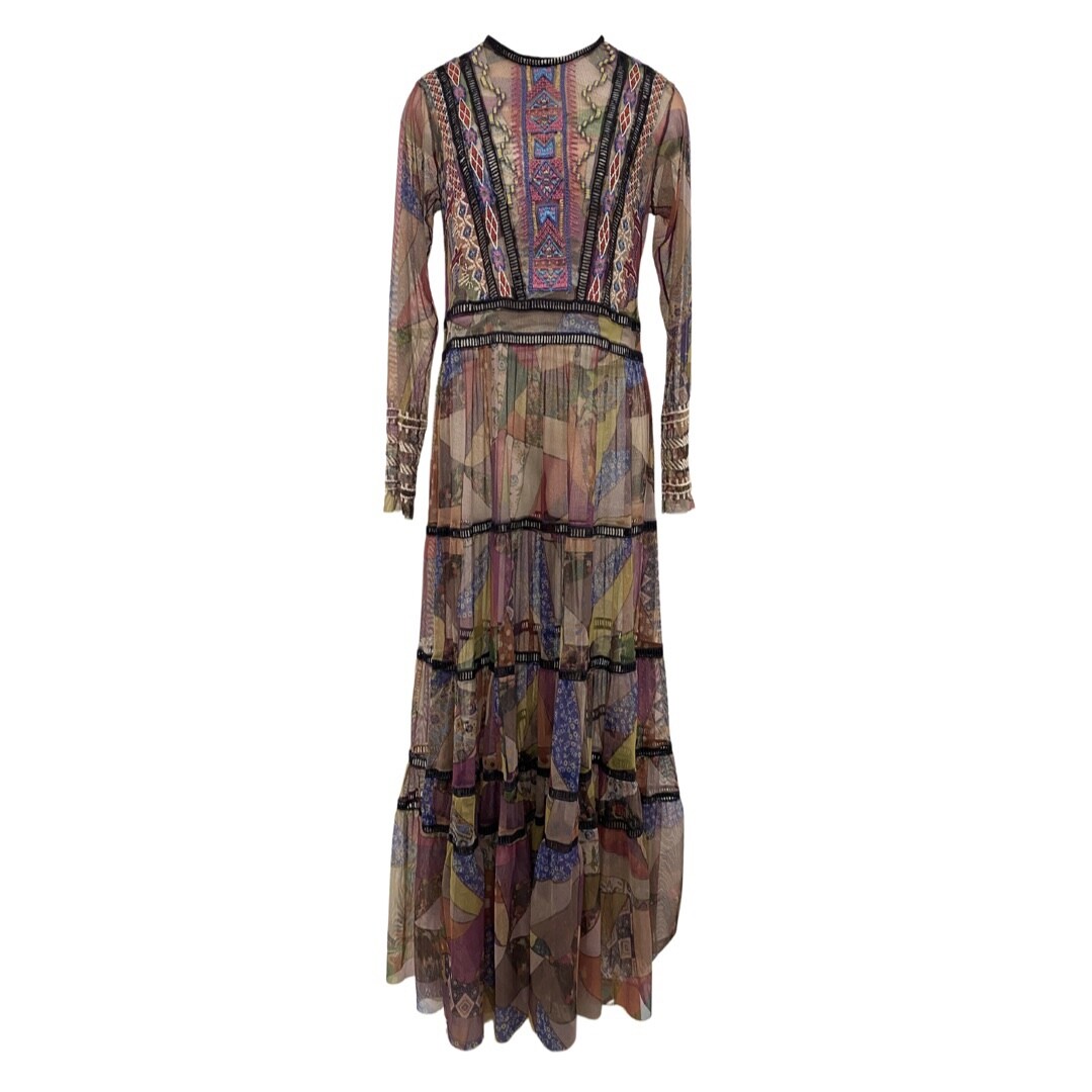 Johnny Was Biya Romantic Embroidered Boho Bohemian Tiered Printed Gervase Dress