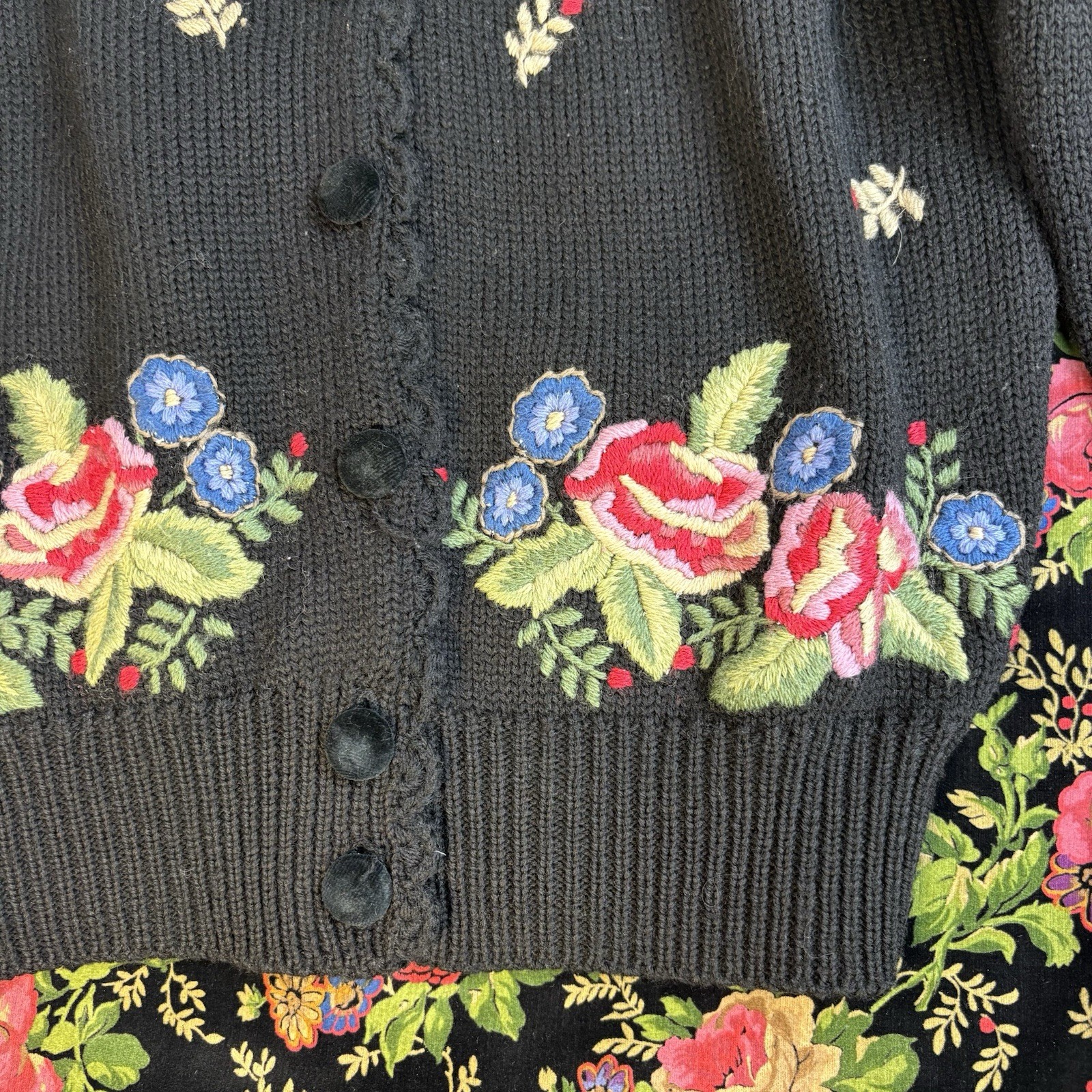 Vintage Herman Geist Hand Embroidered Cardigan & Velveteen Floral Skirt Set M