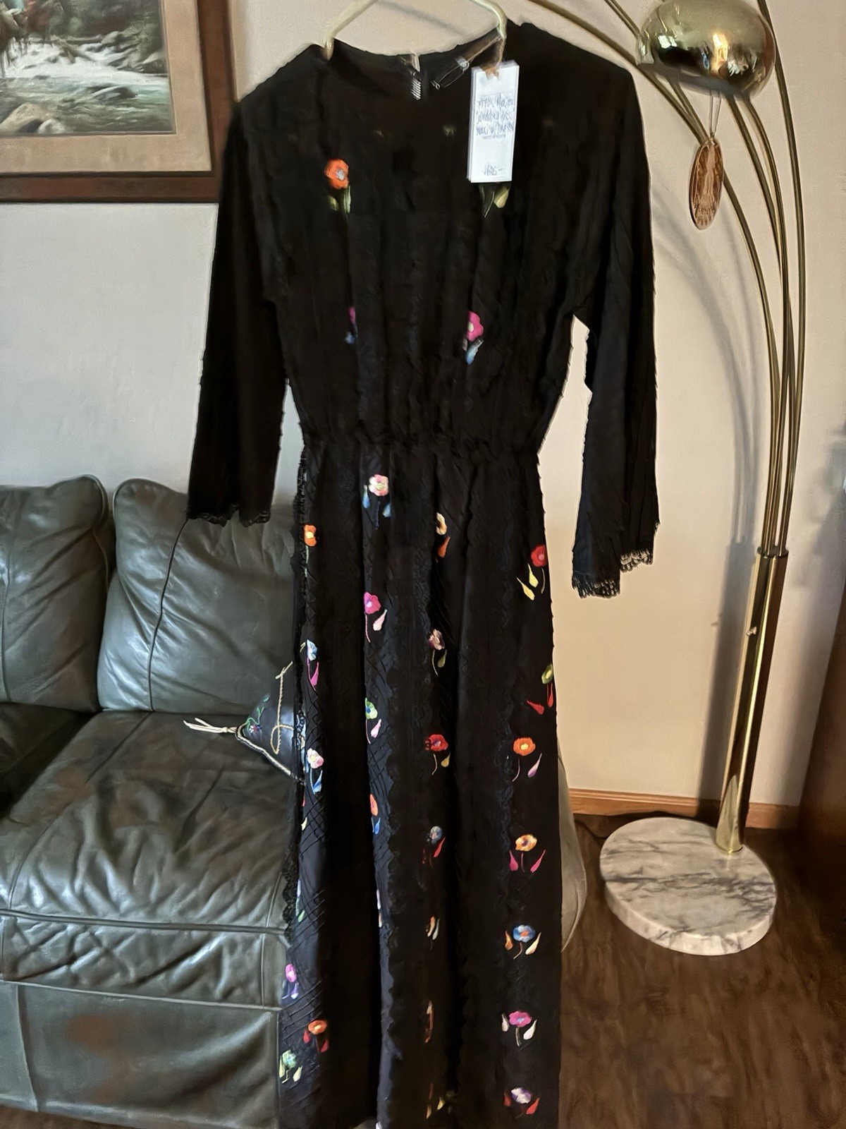 Vintage 70s Black Maxi Mexican Wedding Dress, Embroidery, Lace. Size S/6