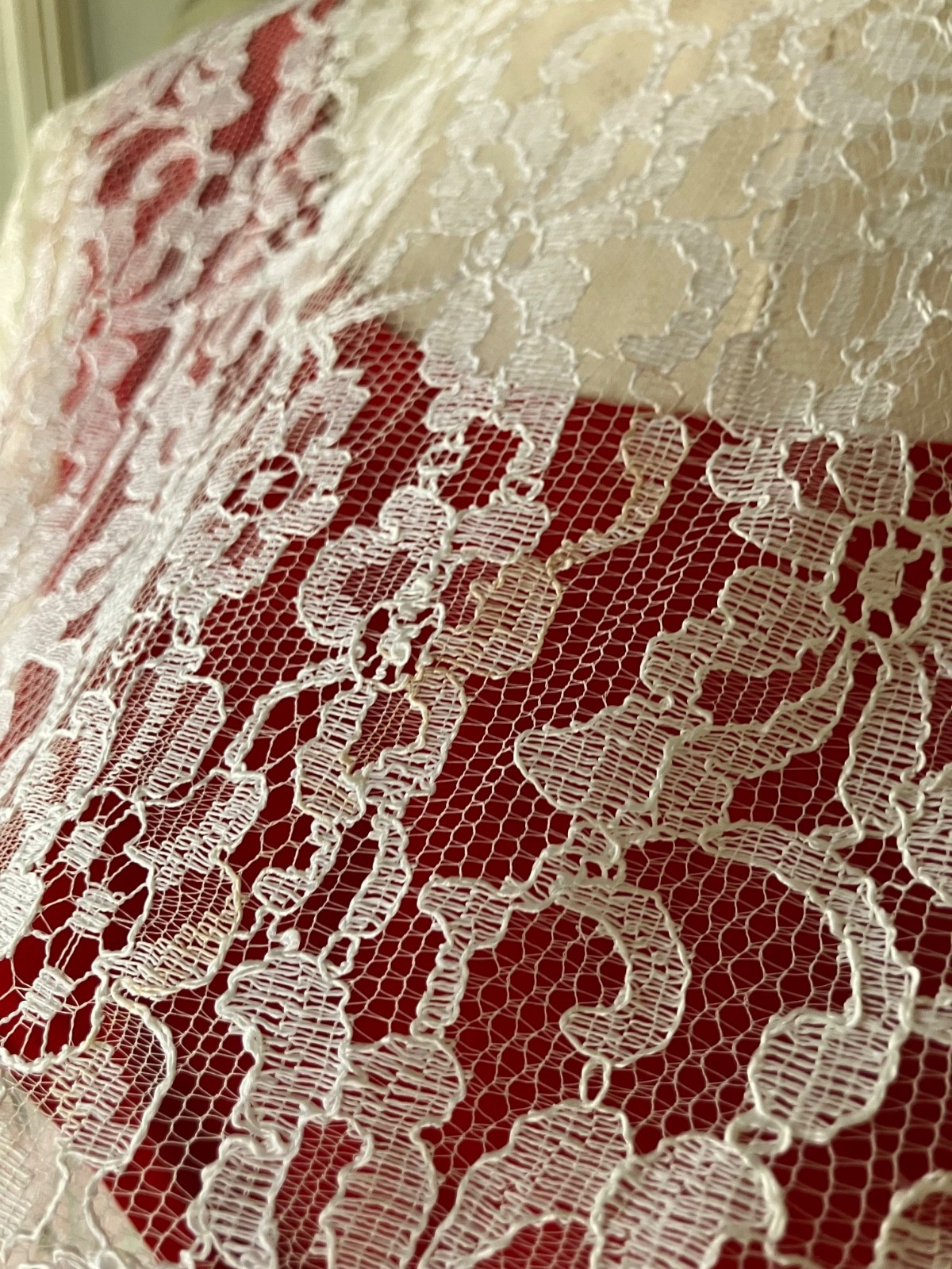 NWOT NEW VTG 50s PARTY DRESS SLVLSS RED VELVET CREAM JACQUARD+LACE SHRUG 13/14