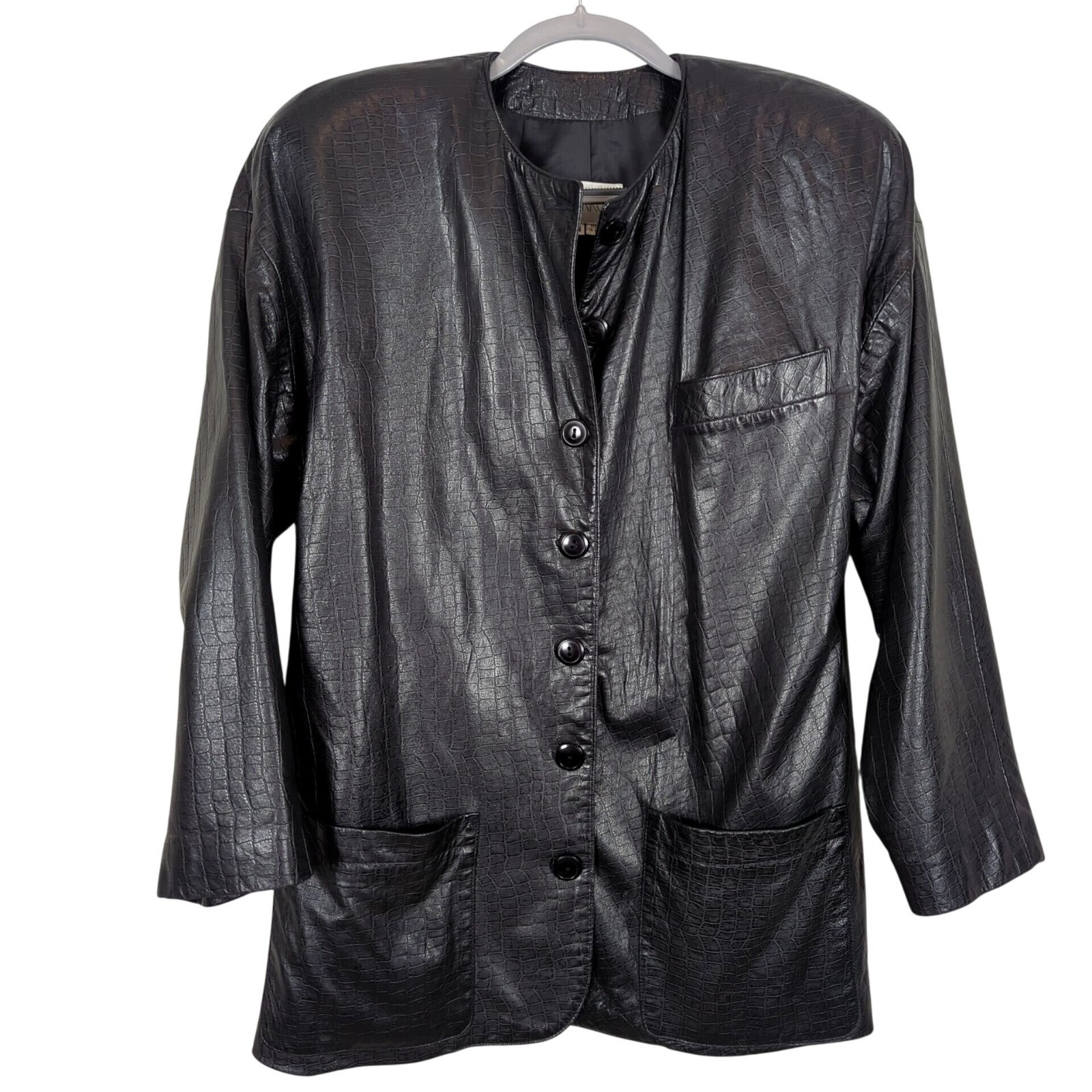 Vintage Vakko Leather Black Jacket Size M Croc Embossed USA Made Button Front