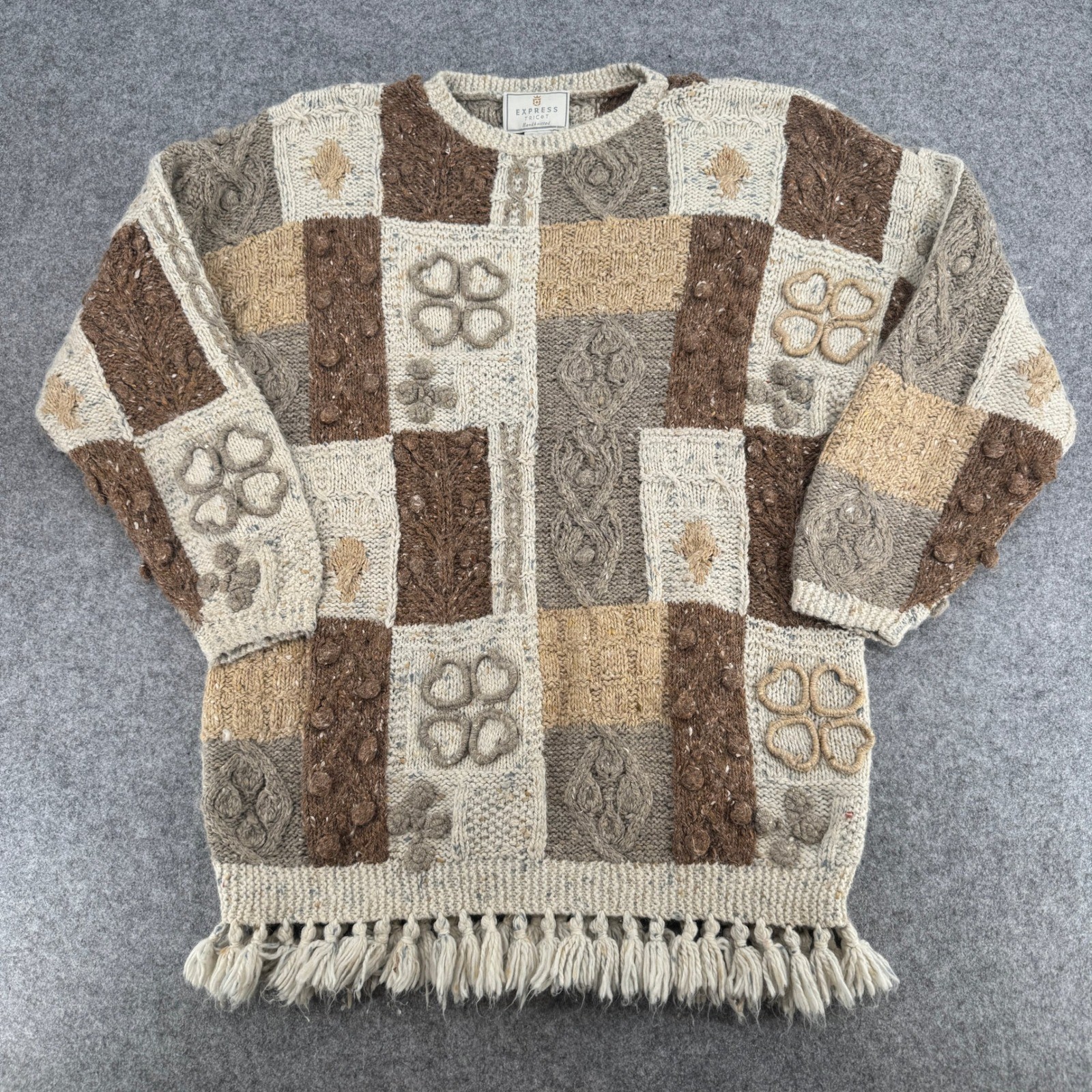 Express Tricot Vintage Handknitted Patchwork Sweater Angora Wool Fringe Womens S
