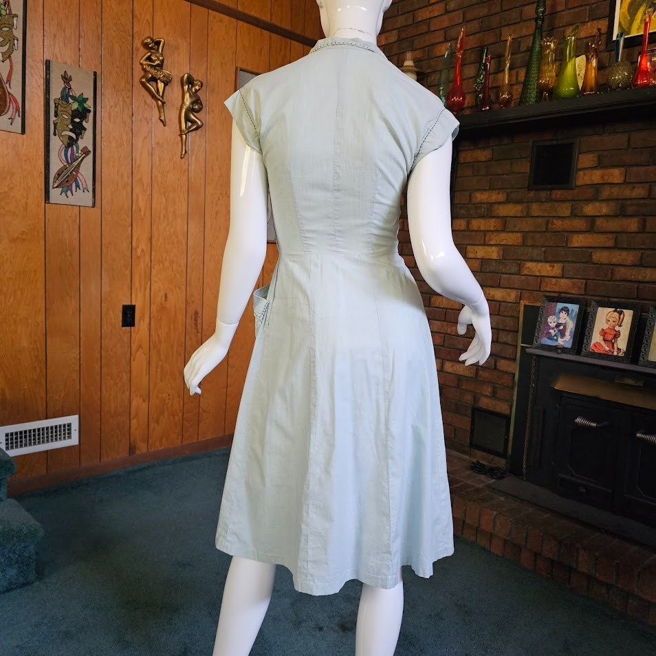 Vtg 40s 50s Novelty Pocket Chambray Full Skirt Chore House Rockabilly Dress XS/S