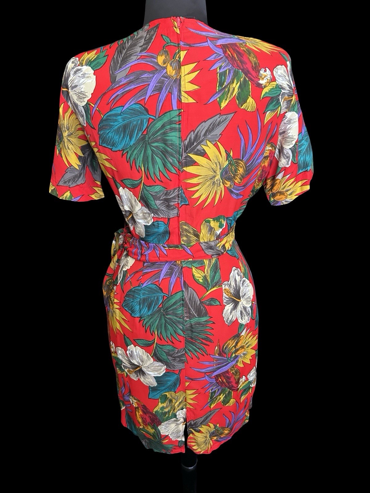 Vintage 1980s 80s Hawaiian Floral Parrot Print Rayon Dress Carol Anderson XL