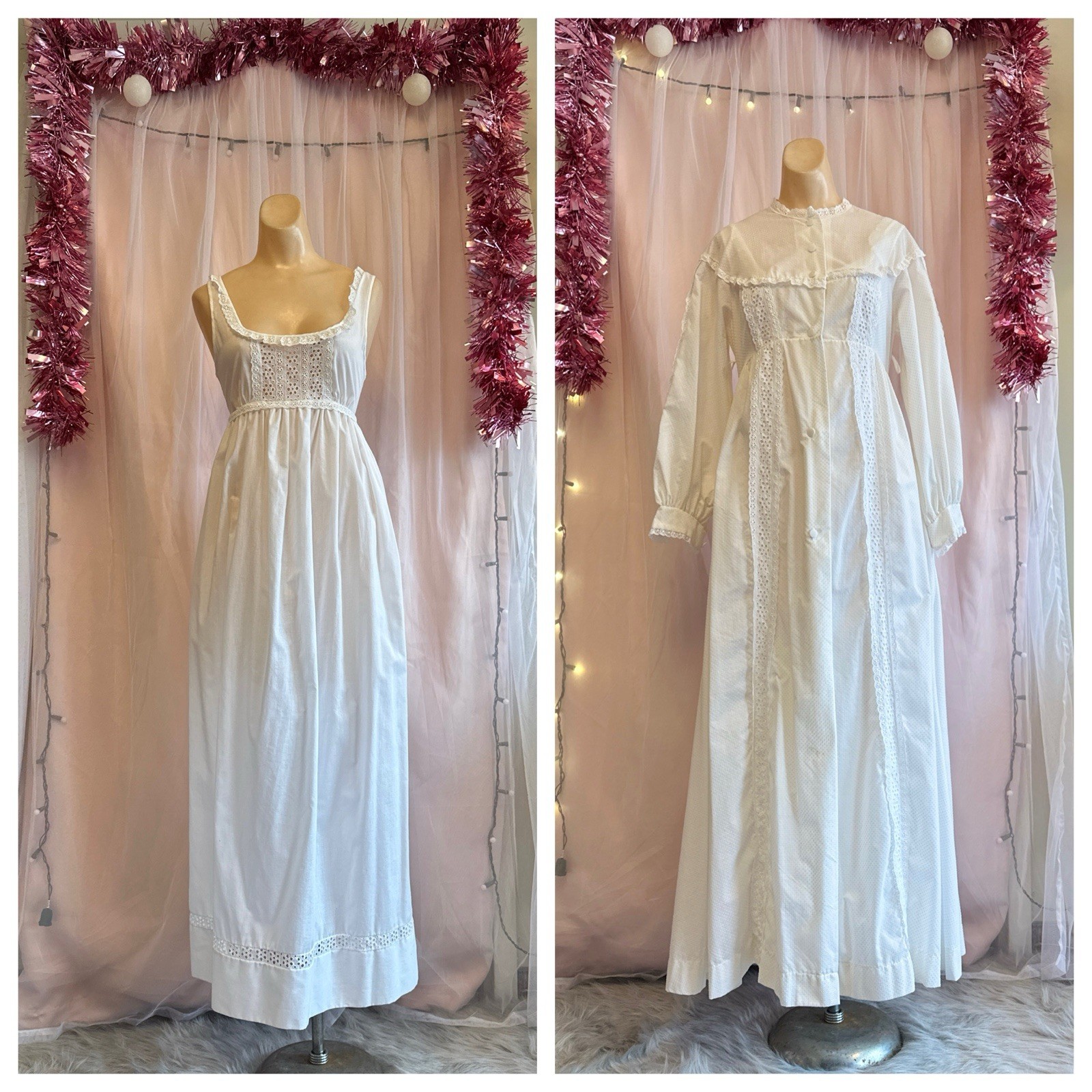 Vintage 60s 70s Prairie Peignoir Nightgown Dressing Robe Set Maxi White S/M
