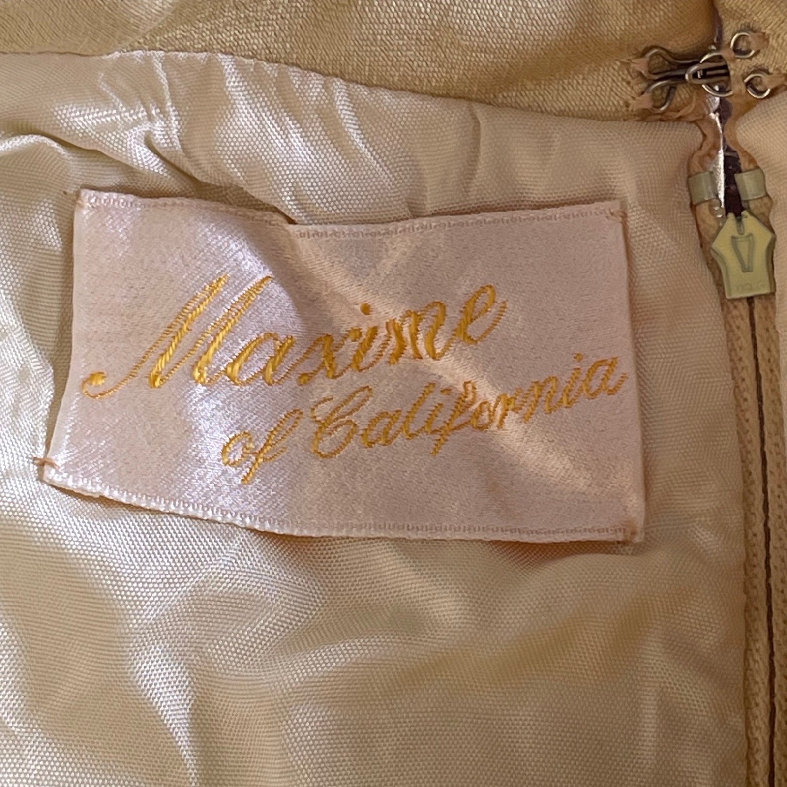 Vintage 60s Maxime of California Yellow Shantung Shift Dress Rhinestone Button