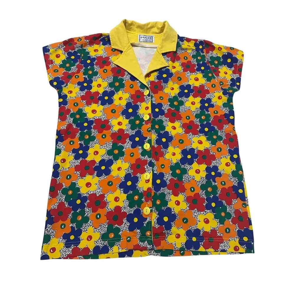 Vintage POPLEG Button Up Shirt Womens Medium Yellow Collar Groovy Daisy 80s 90s