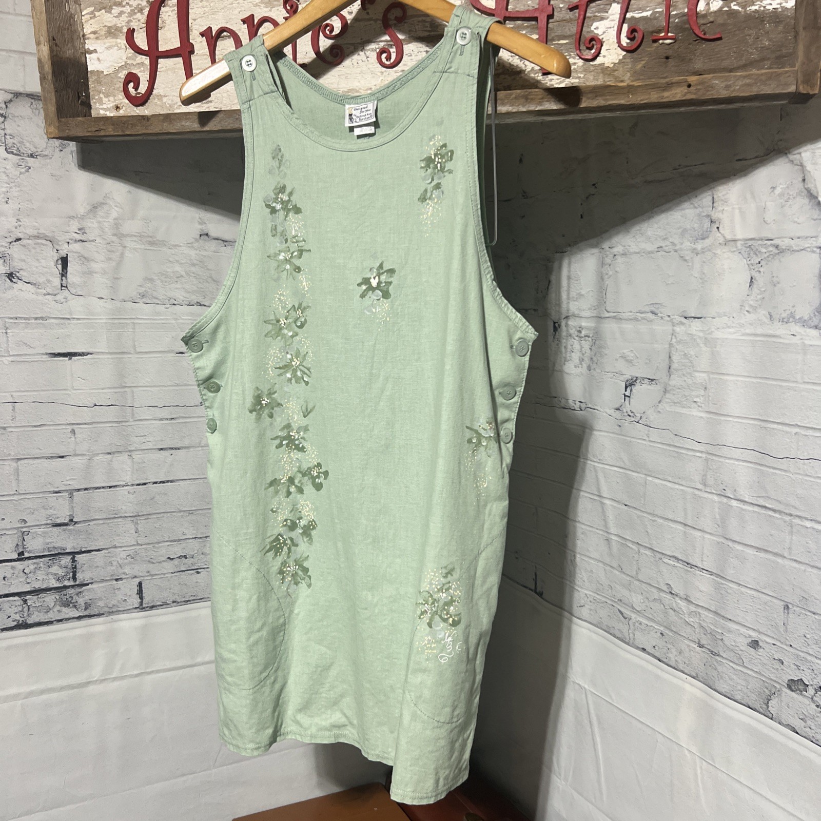 VTG Linen Tencel Tank Dress Women Sz M Green Floral Cotton Ladies Custom Design