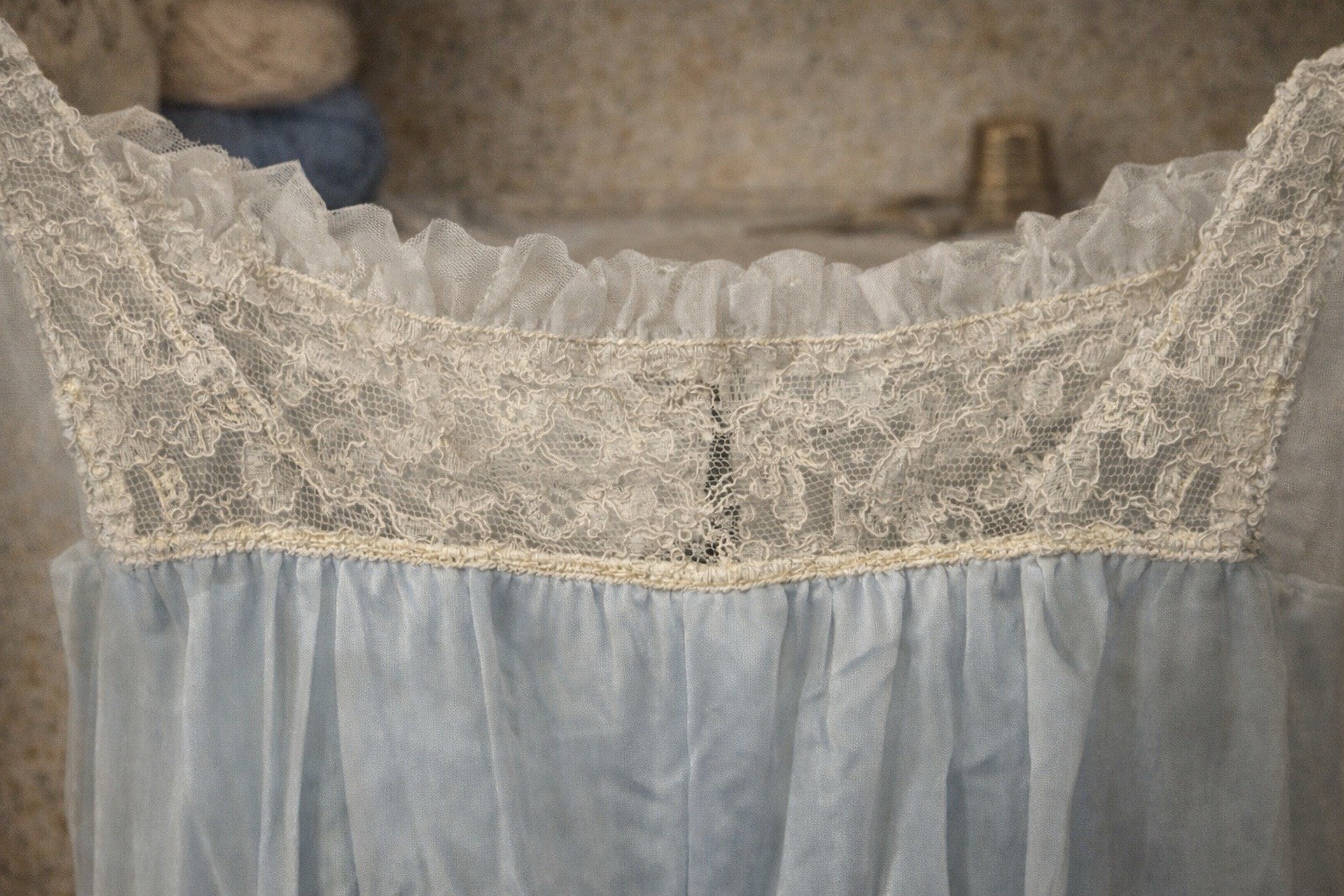 Sheer Light Blue & Lace Long Nylon Nightgown 1950s-60s Edwards Lingerie Size 32