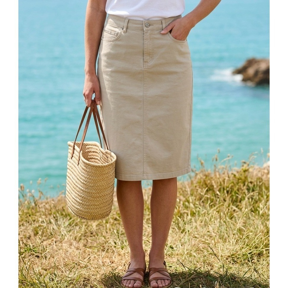 Calvin Klein Jeans Vintage Khaki Tan Cotton Denim Midi Skirt Womens 10 High Rise
