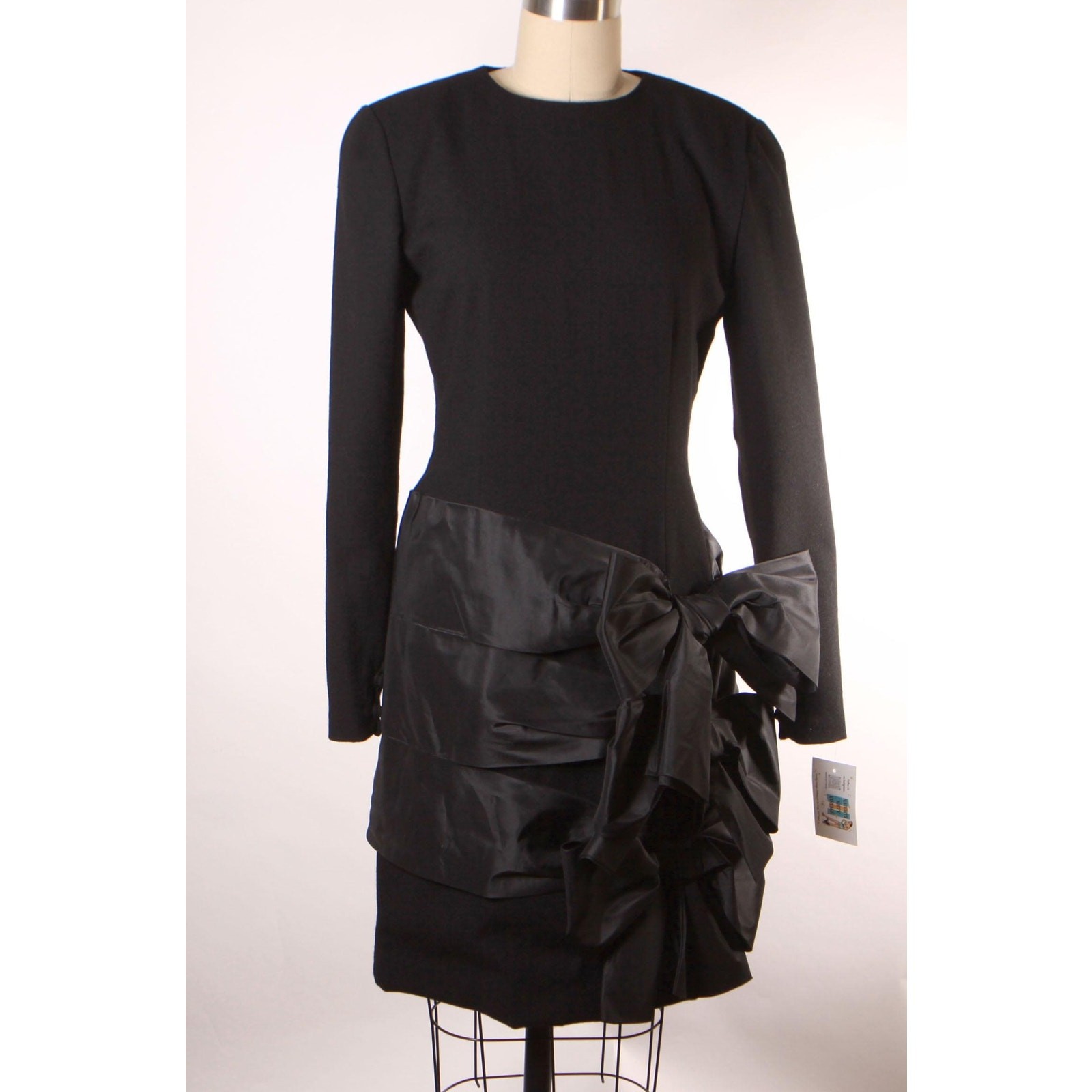 1980s Black Long Sleeve Oversized Bow Formal Cocktail Dress by Bill Blass