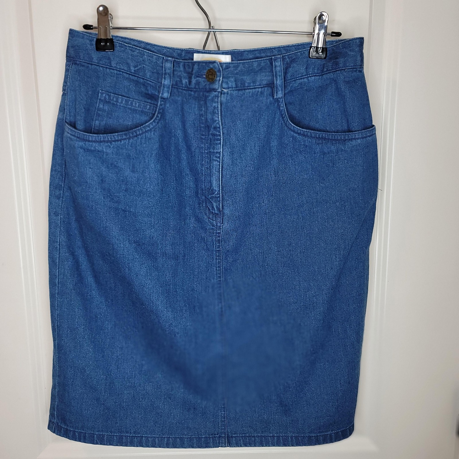 Vintage Talbots Skirt Blue Denim SZ 12 Chino Flat Front Waist Pockets