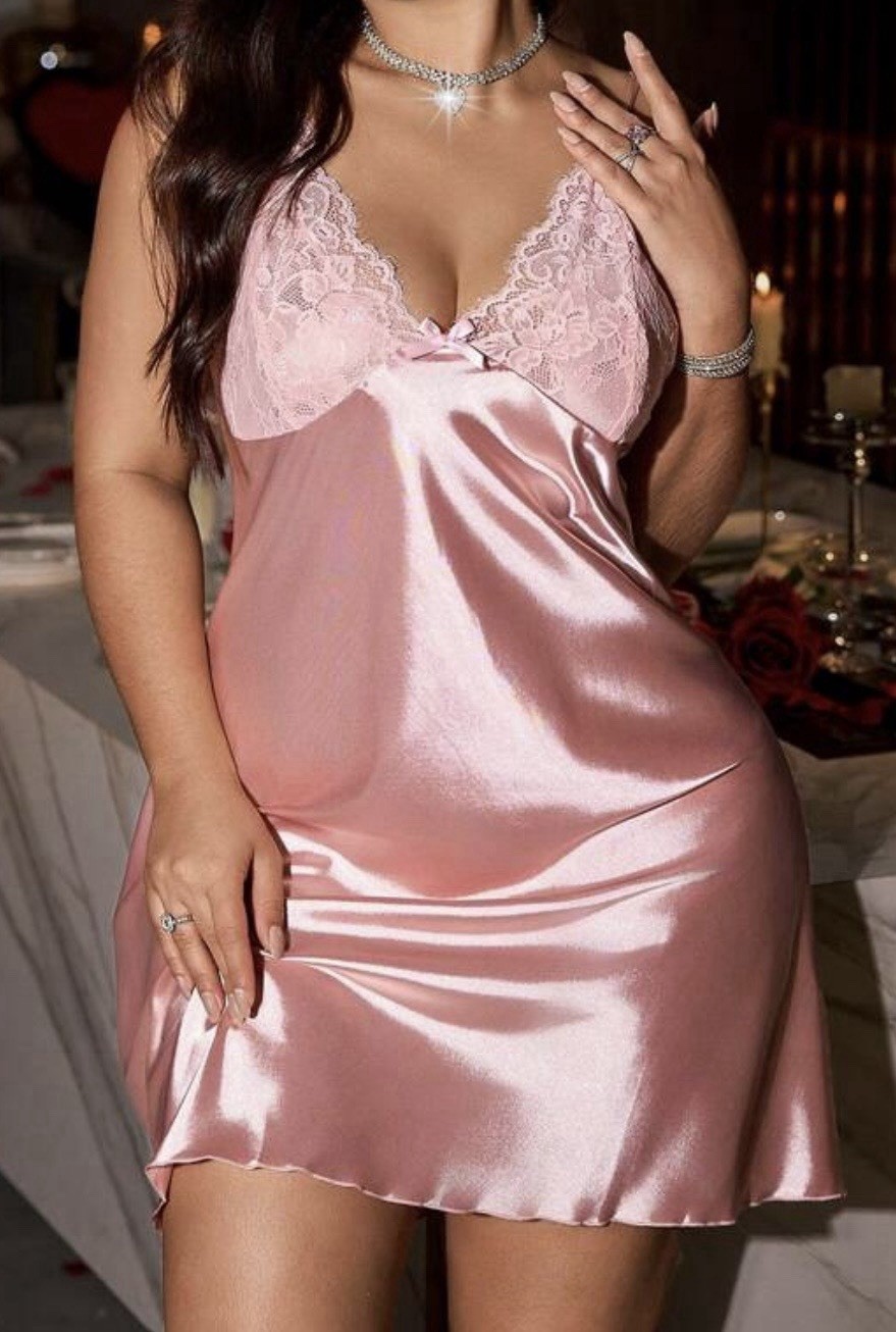 Glossy Baby Pink Satin & Lace Detail Babydoll Nighty V-Back Slip Gown 3X 3XL NEW