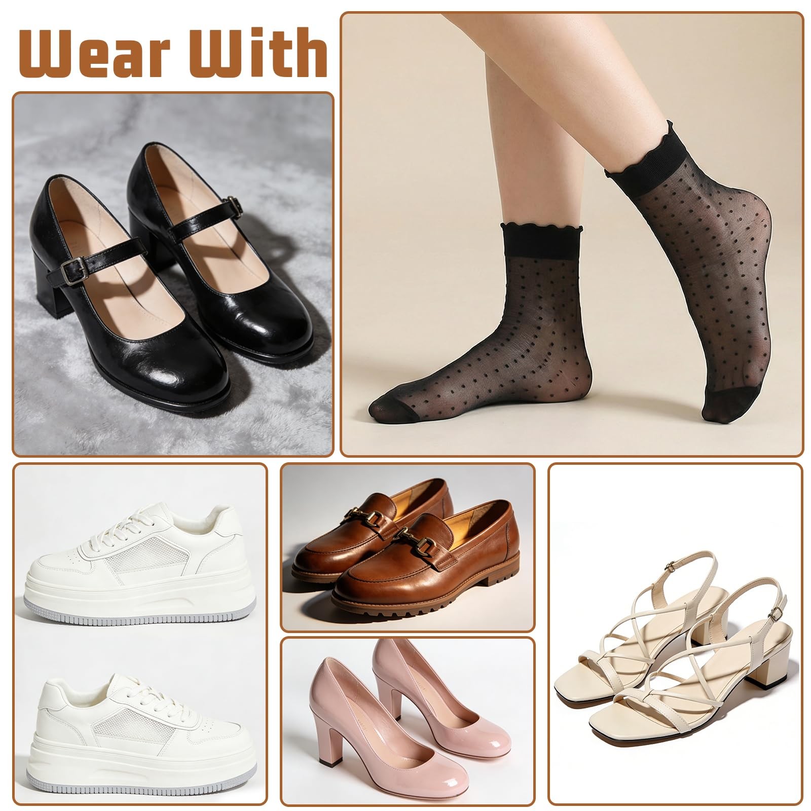 Bremorou 6Pairs Sheer Ankle Socks Medium Tall, Black, Off-white, Skin Tone