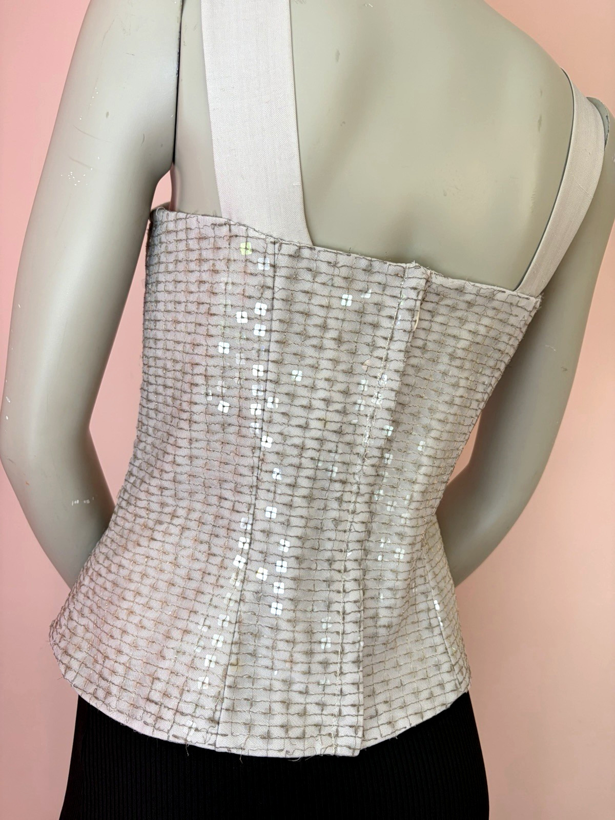 VTG 90s Y2K Sequin Silk Square Neck Wide Strap neutral gray Formal Corset top M