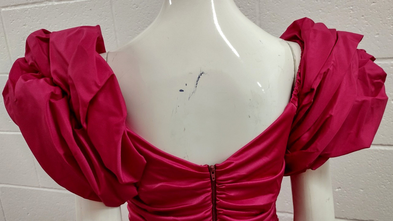 1980s Couture Dress Pink Fuchsia Balloon Sleeve Rhinestone Buttons SAMIR 80s M
