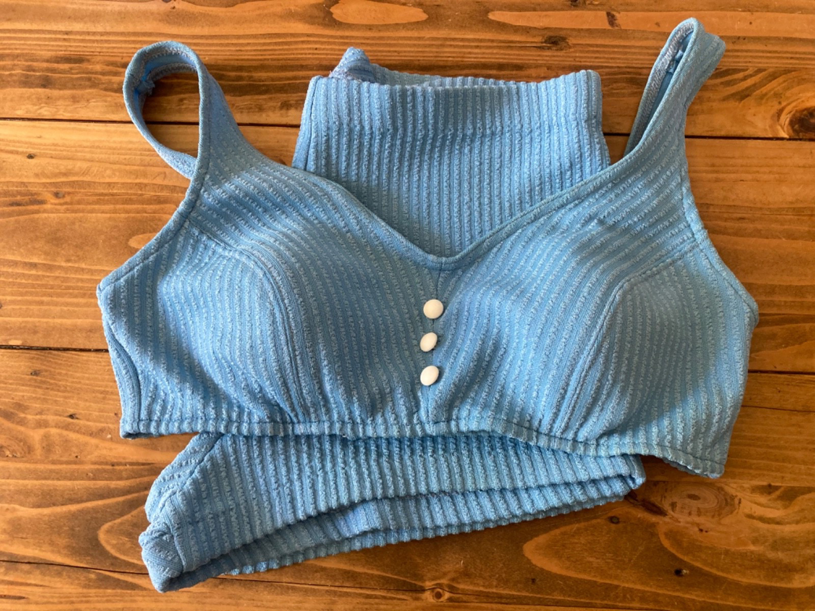 Vintage Sz 14 1960-70s Sky Blue Two Piece Bikini Set Knit Seersucker Stripe Mod