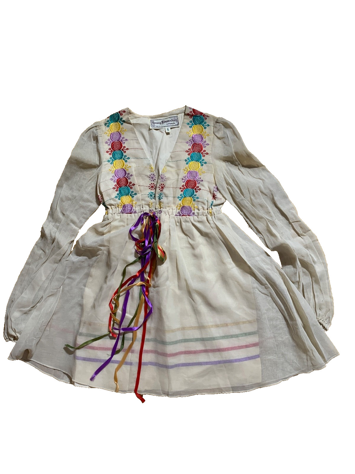 Vintage 1970 YOUNG EDWARDIAN Dress Embroidery Long Sleeve Size 5