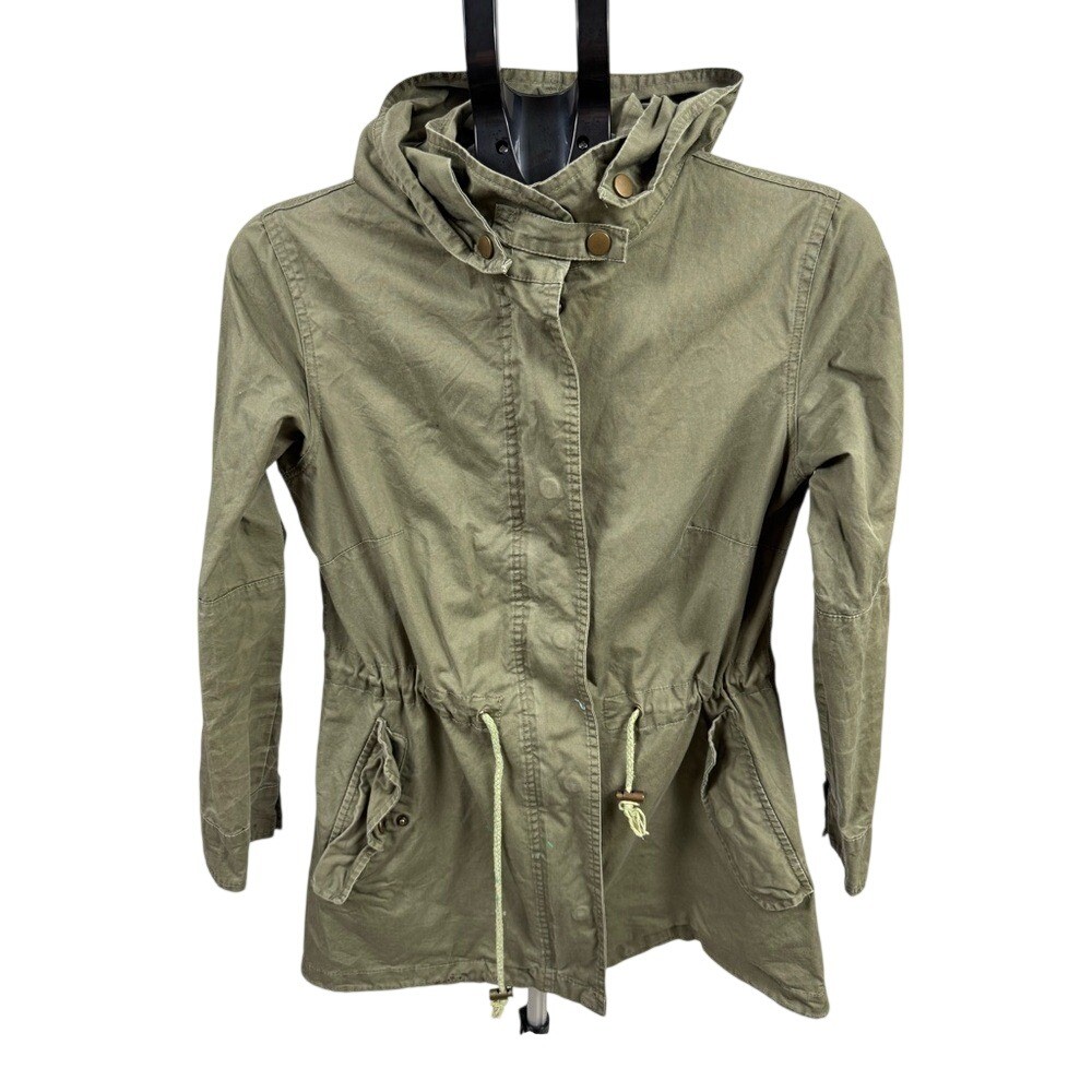 Vintage Olive Utility Jacket Hooded Military Style Anorak Drawstring Waist