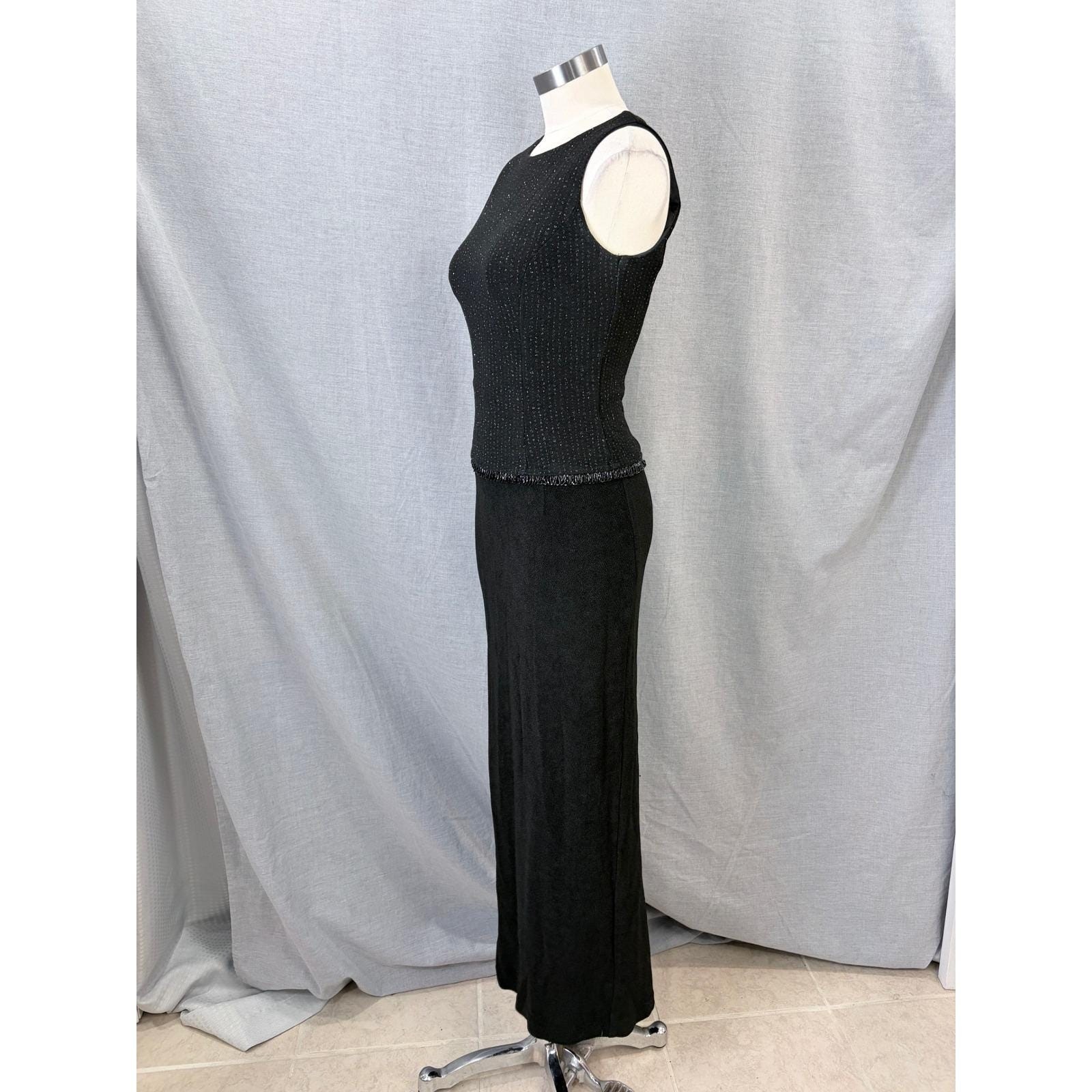 Vintage Scott McClintock Black Textured Maxi Dress Beaded Fringe 6 Sparkle Gala