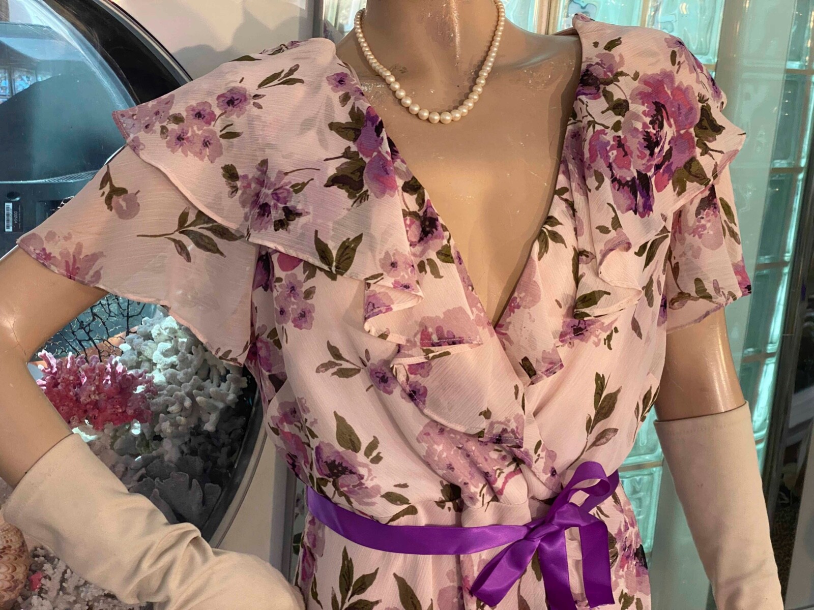 VTG Multicolor Floral Flapper Gatsby ribbon belt Dress 14P R & M Richard