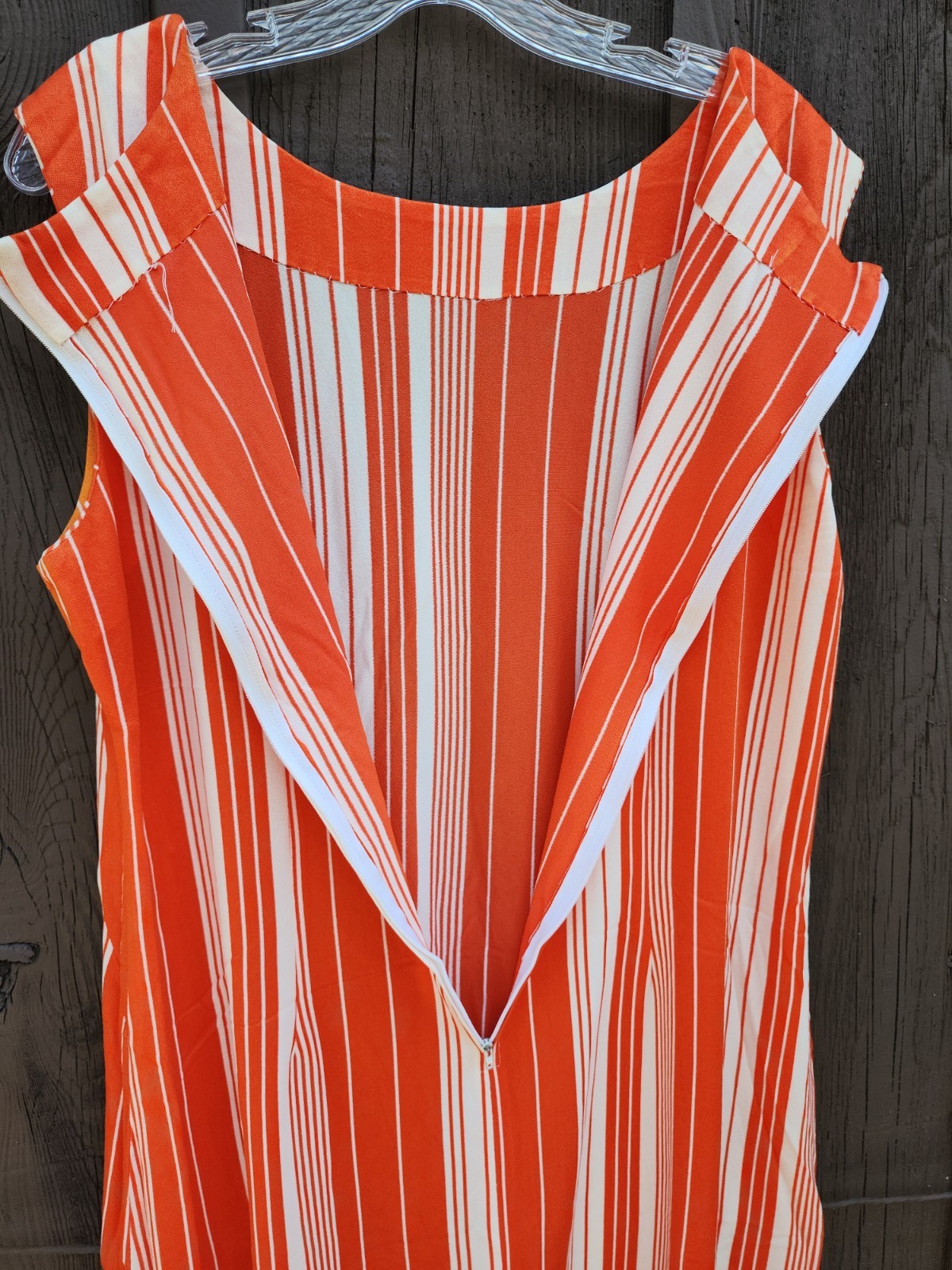 70s Handmade Orange White Stripe Silky Double Knit Polyester Dress Womens XL-1X