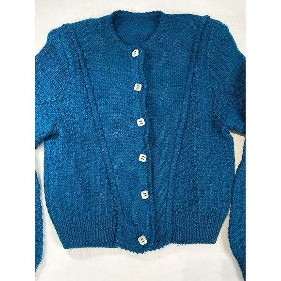 Vintage Handmade Teal Blue Knit Cardigan Sweater Square Buttons Scalloped Hem