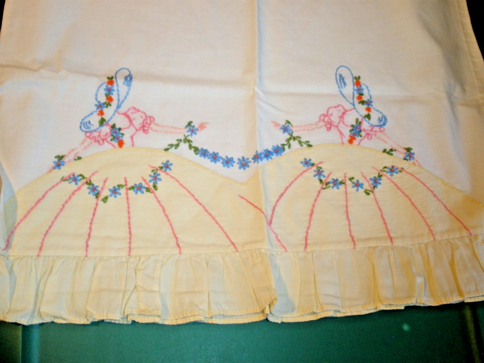 Vintage Pillowcase with Embroidered Ladies Hoop Dress Standard Size
