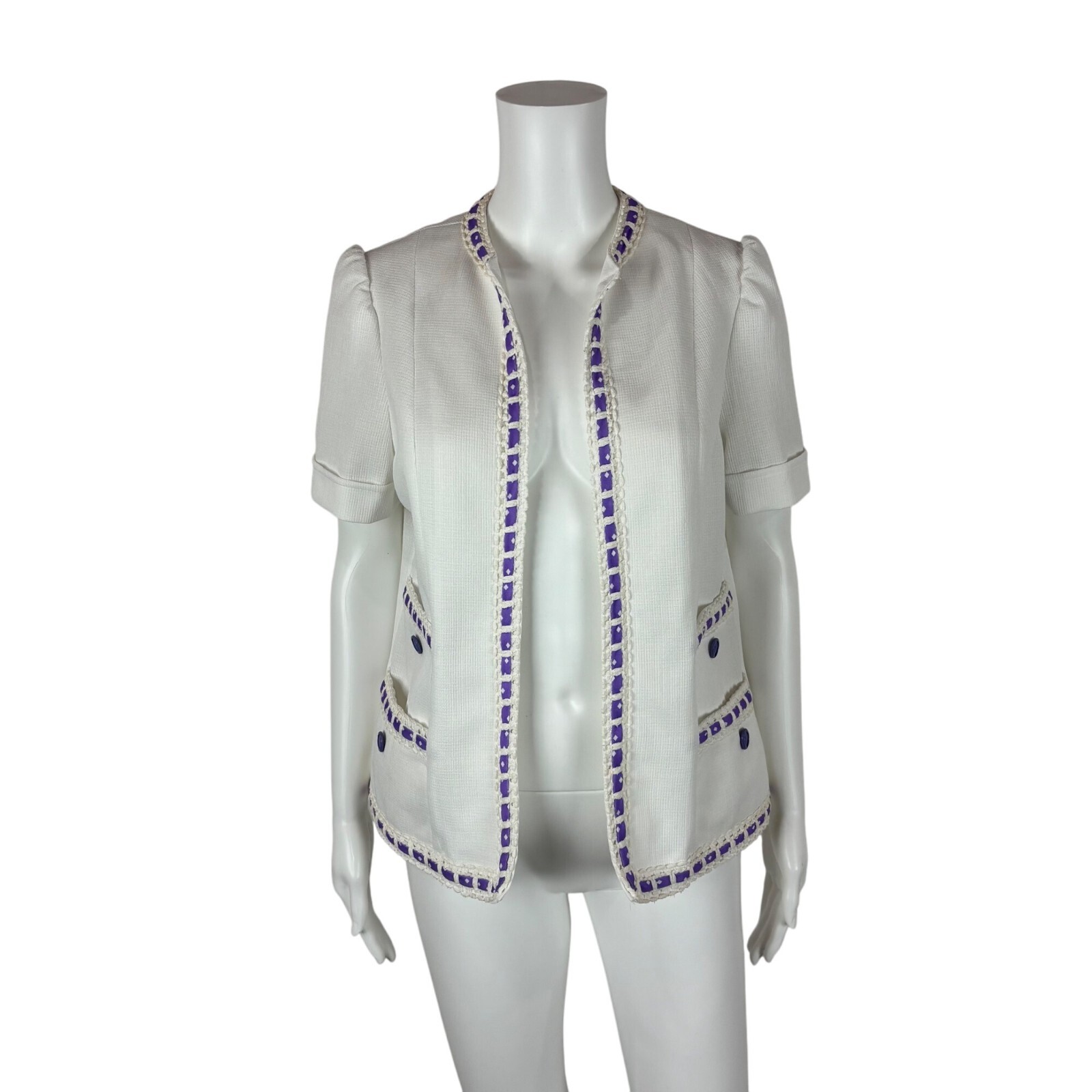 Vintage 70s Open Top Women&rsquo;s Large Lavender White Diamond Print Cardigan
