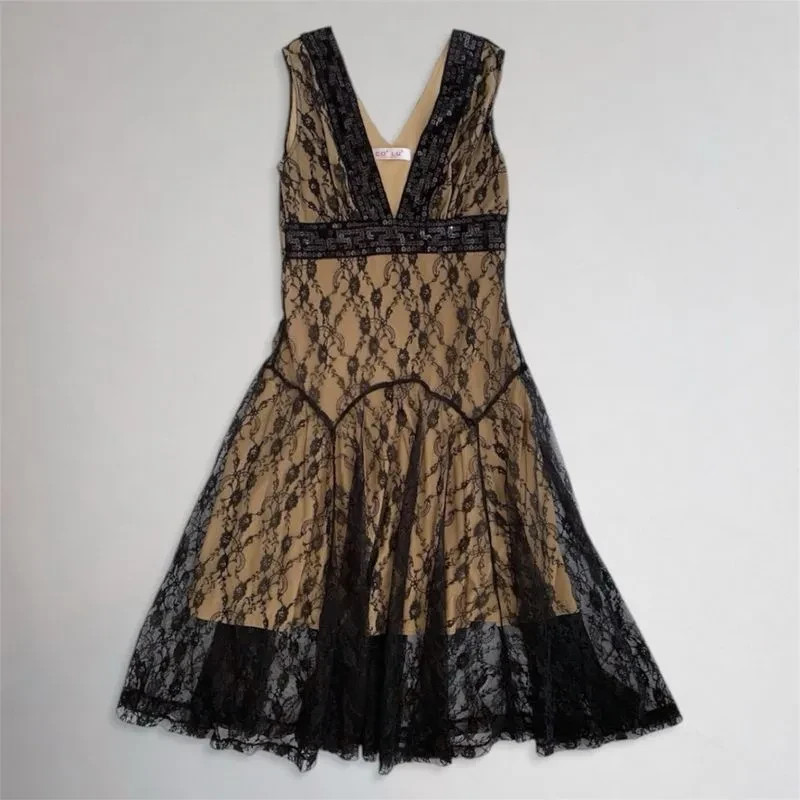 Vintage 1920s Beaded Sequin Black Lace Dress