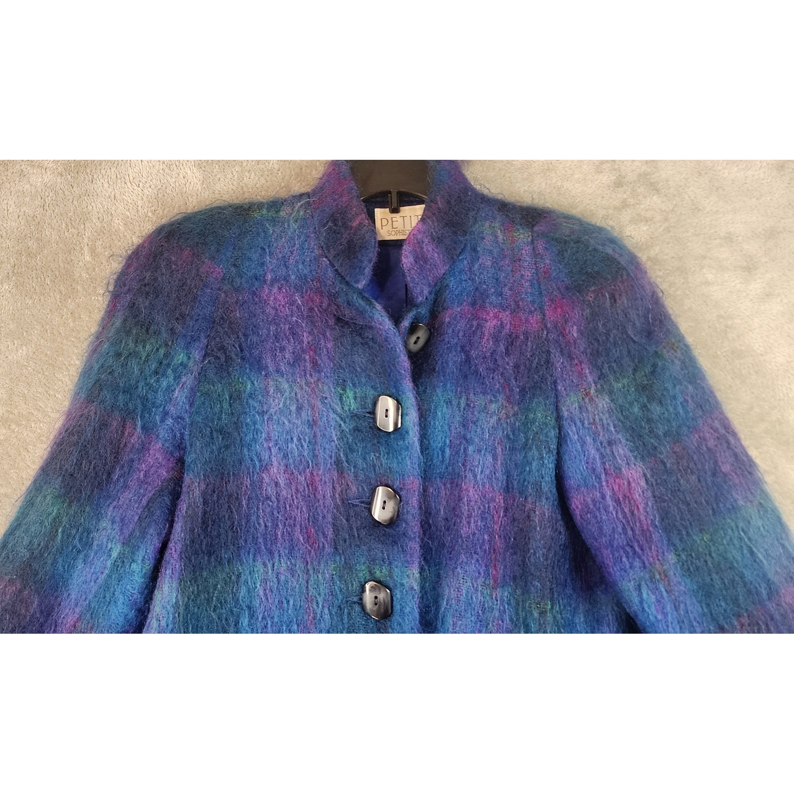 Petite Sophisticate Jacket Womens Medium Mohair Plaid Multicolor Button Up Coat