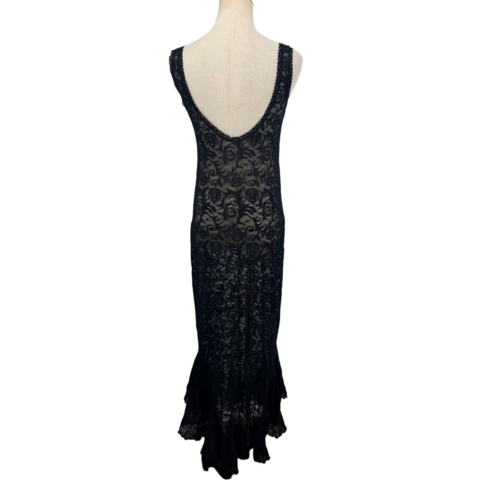 Frederick&rsquo;s of Hollywood Sheer Lace Dress Large Blk Beaded Maxi Mermaid Vintage