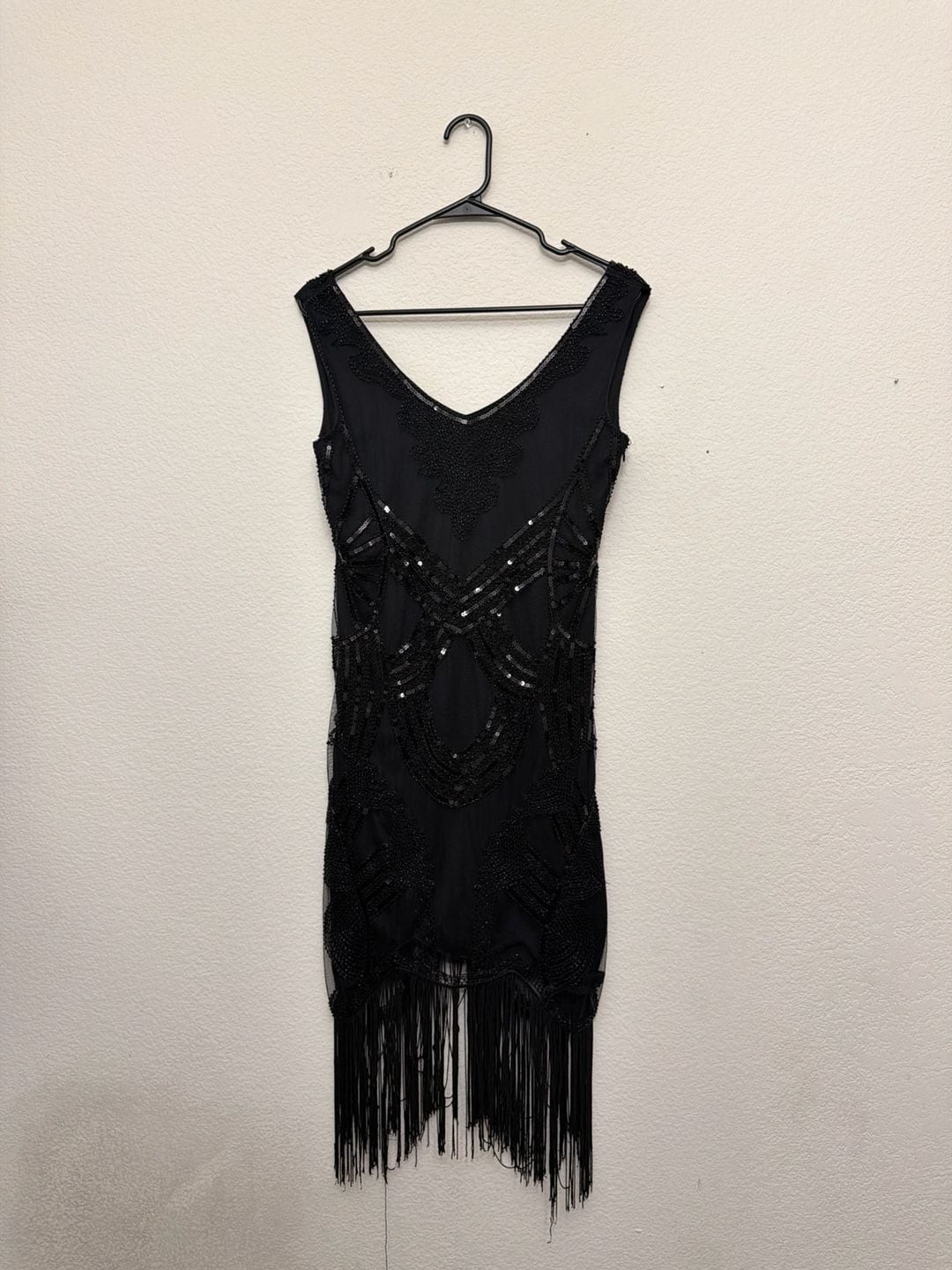 1920s Gatsby Glam Black Bead FringeDress Small Art Deco Flapper Showstopper