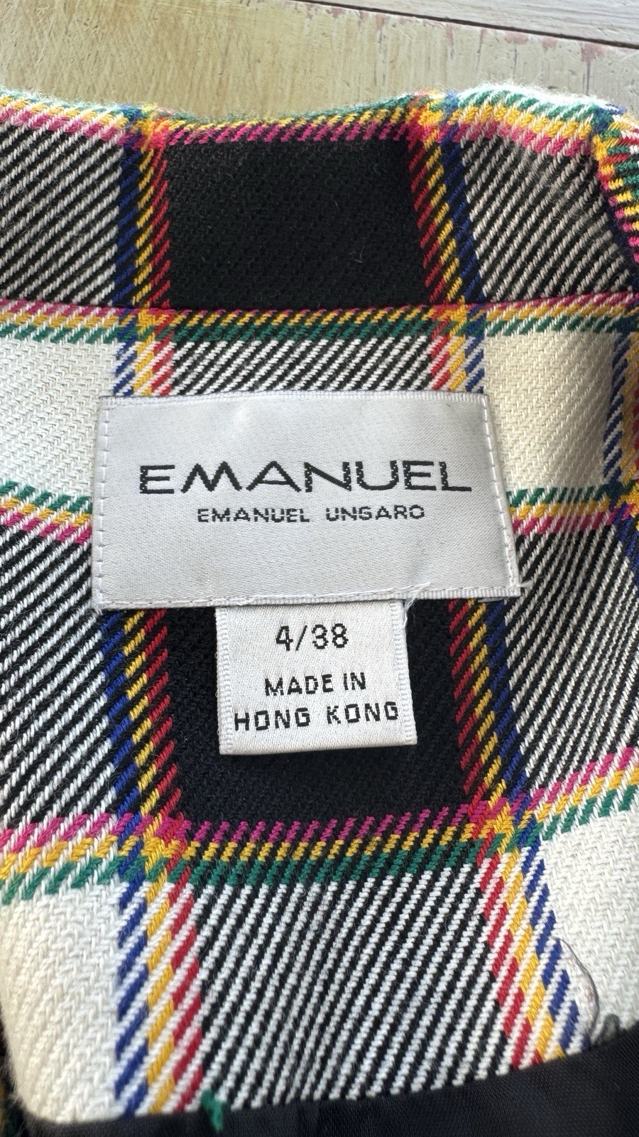 Vintage Emanuel Ungaro Plaid Jacket Y2K Preppy Blazer Size 4/38 Black Multi Zip